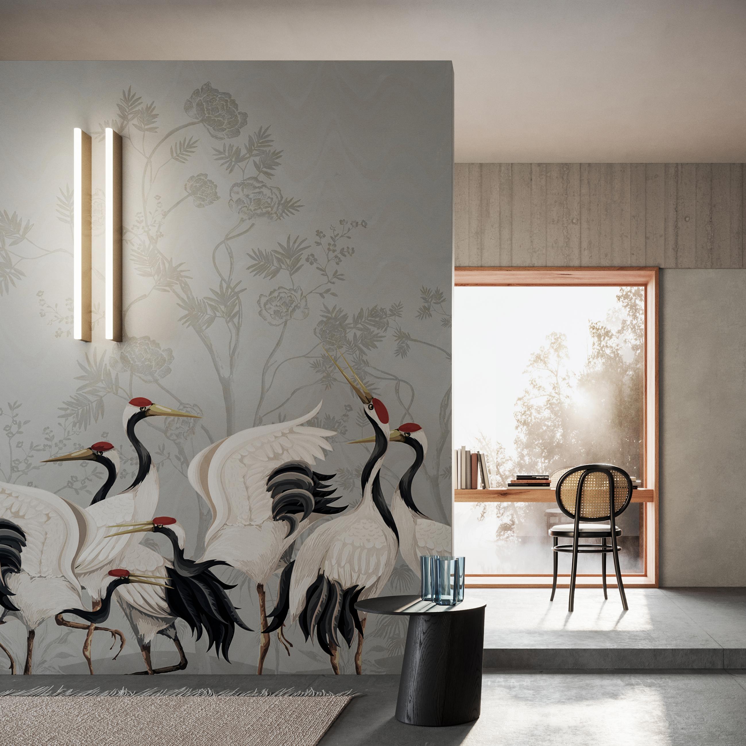 Modern Ornami Nature Oriental Birds Gru Vinyl Wallpaper Made in Italy Digital Printing For Sale