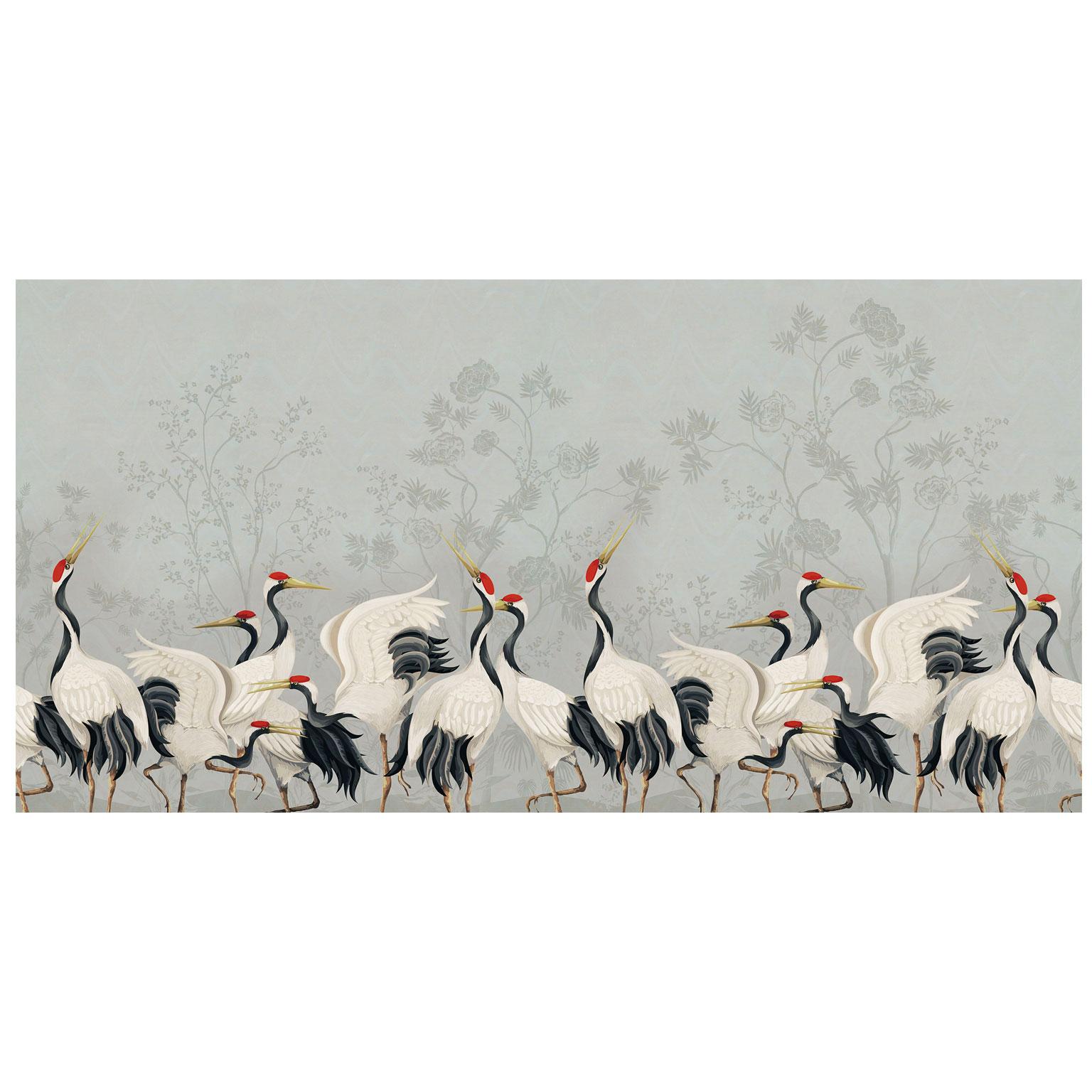 Italian Ornami Nature Oriental Birds Gru Vinyl Wallpaper Made in Italy Digital Printing For Sale