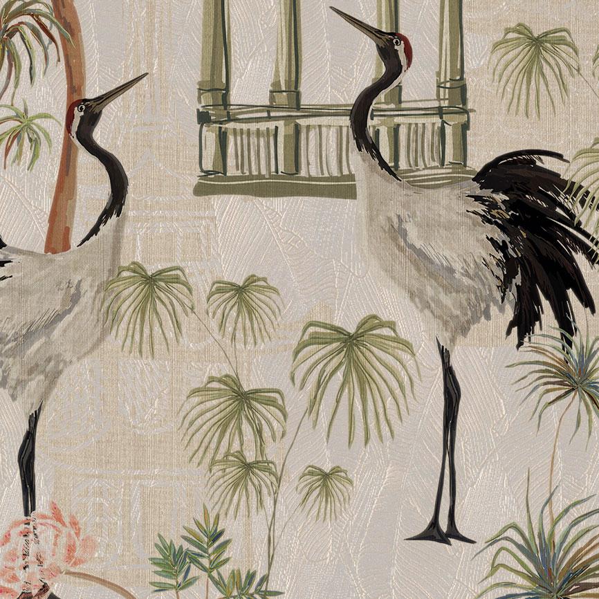 European Ornami Pattern Crane Birds Japan Vinyl Wallpaper Made in Italy Digital Print For Sale