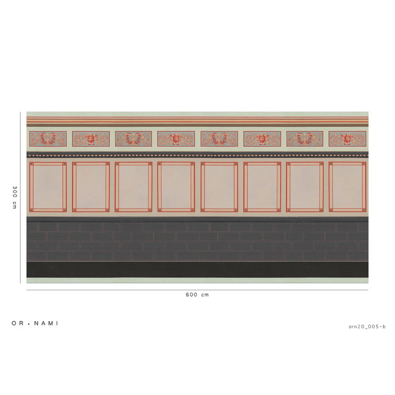 ORN20_005 
It is an homage to the early Pompeian style of frescoes present in many of the temples and residences in Pompeii and Herculaneum, which have survived to the present day in all their sumptuous beauty. Large geometric bands which imitate