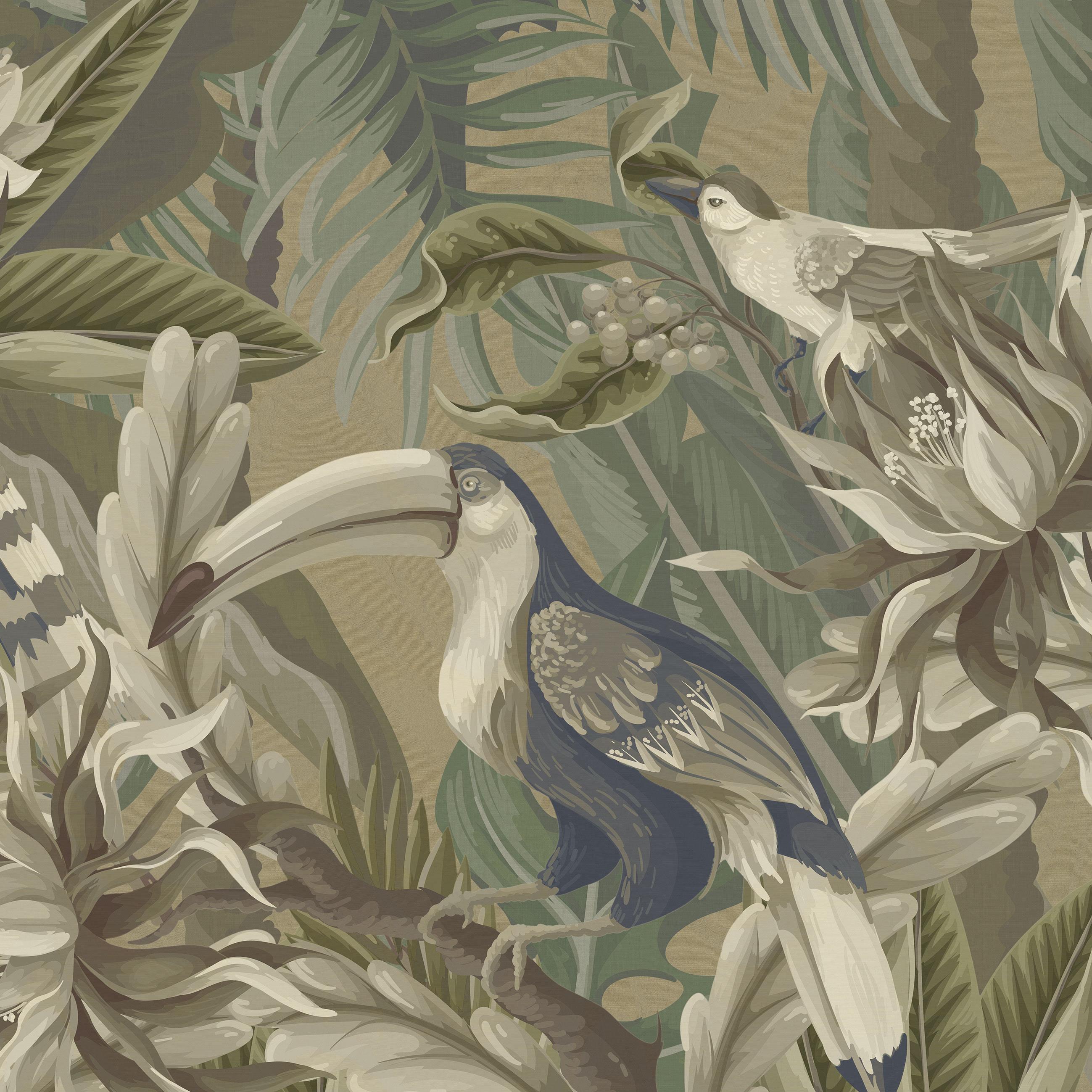 Modern Ornami Tropical Jungle Birds Vinyl Wallpaper Made in Italy Digital Printing For Sale
