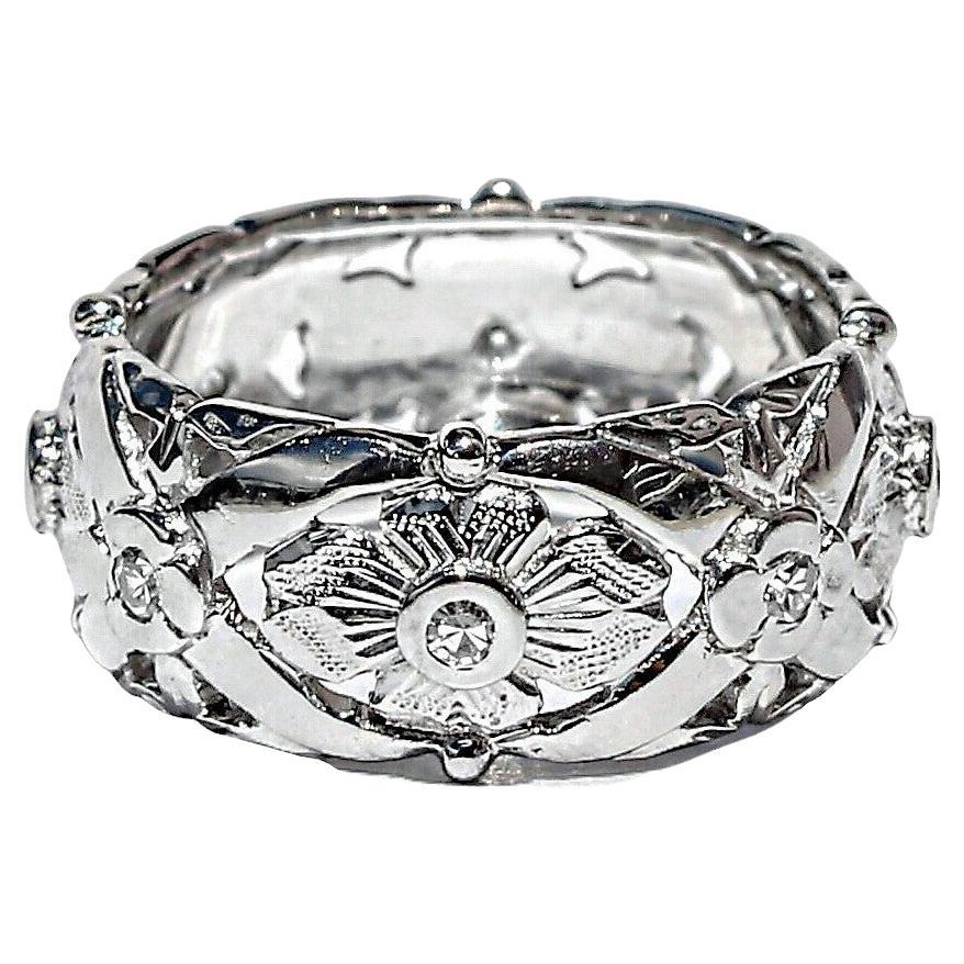 Ornate 14K White Gold Vintage Wedding Band with Diamonds in Floret Stations For Sale