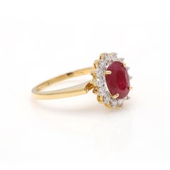 1.83 Carats Deep Red Ruby and Halo Diamond Ring 18k Solid Yellow Gold
