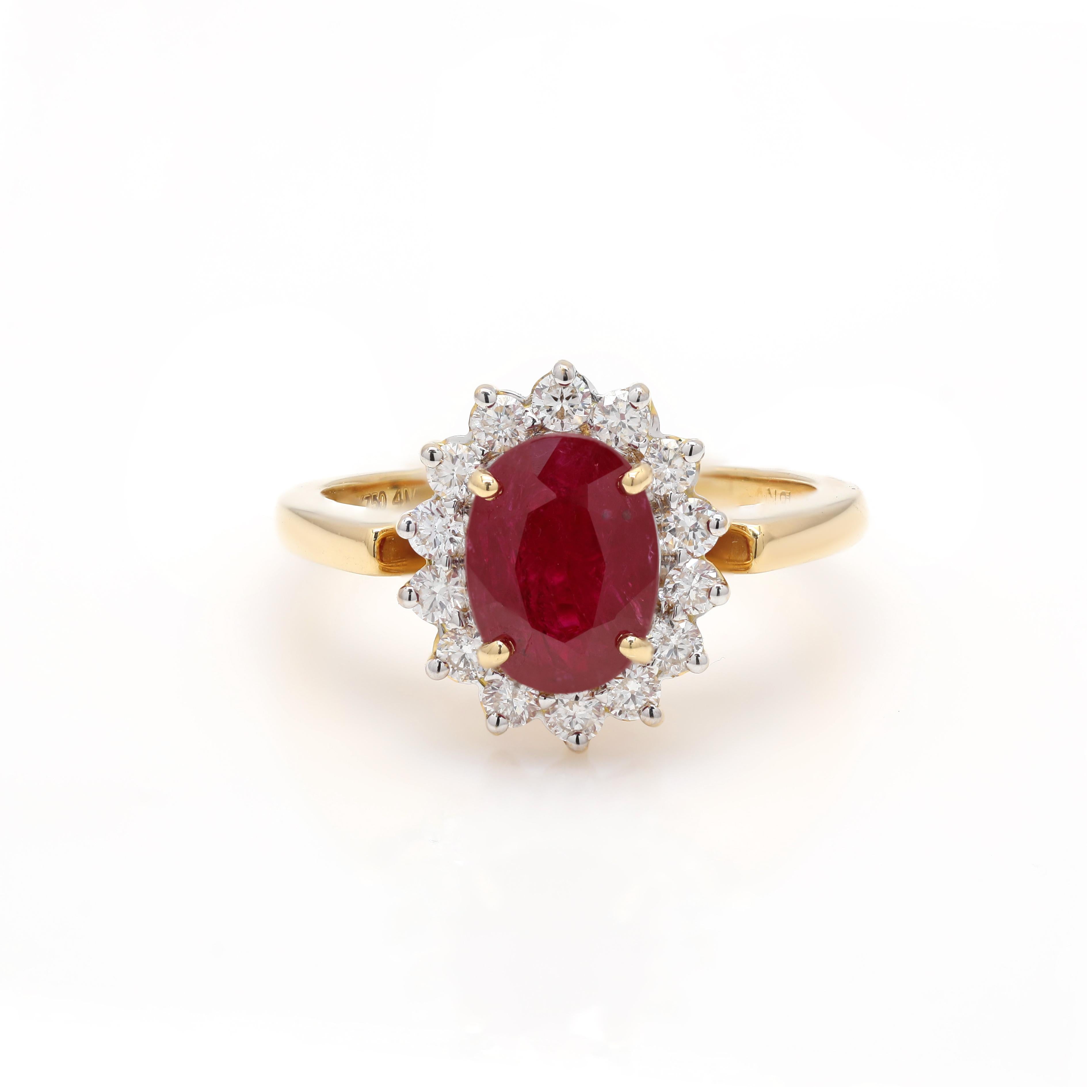 For Sale:  1.83 Carats Deep Red Ruby and Halo Diamond Ring 18k Solid Yellow Gold 3