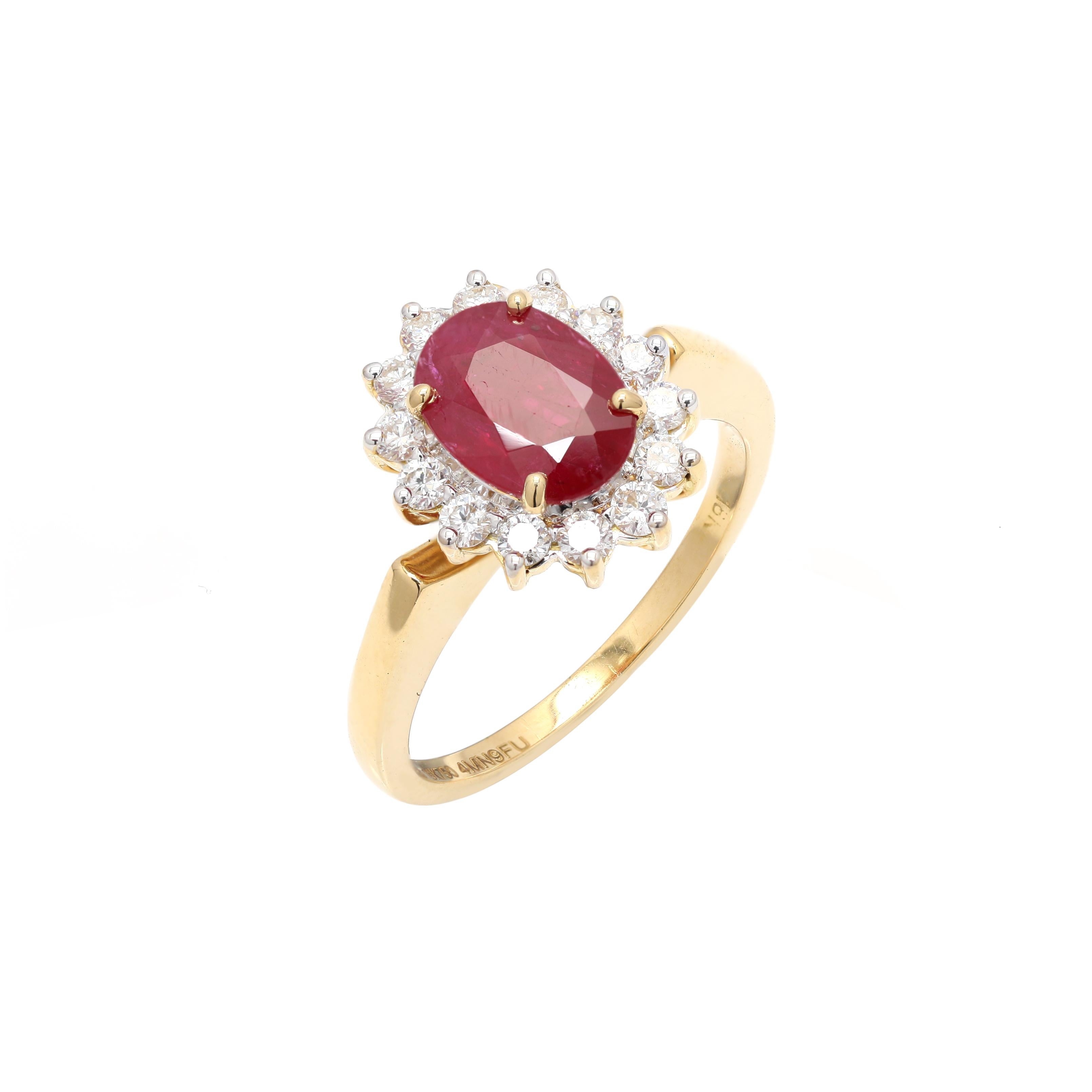For Sale:  1.83 Carats Deep Red Ruby and Halo Diamond Ring 18k Solid Yellow Gold 5