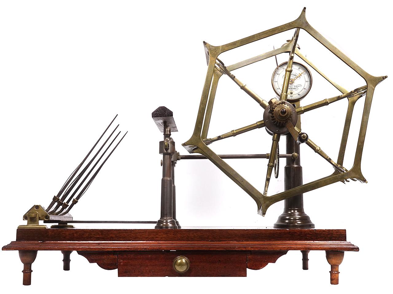 This is an elaborate and early Victorian Wool Winder. It sits on a wood platform with a single draw and turned legs. Its English made and signed... John Nesbitt Maker. The whole mechanism is solid brass with hand filed decorative details. Elaborate