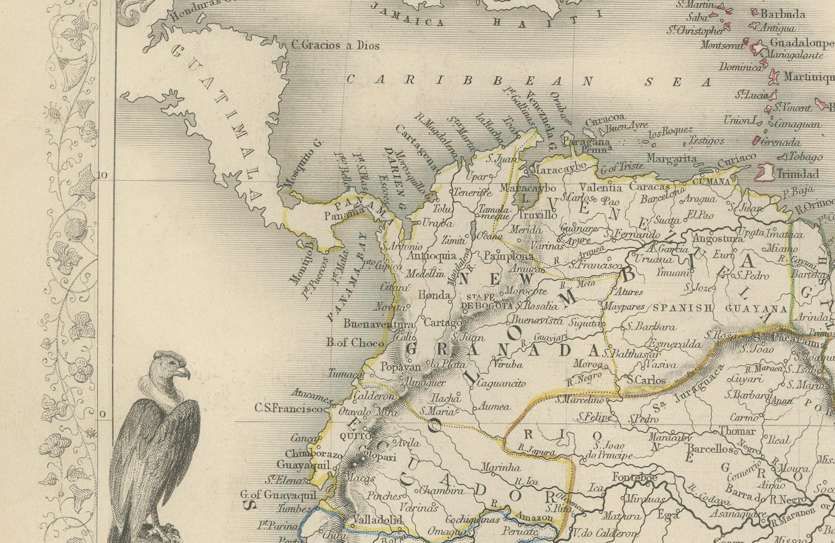 Decorative 19th-Century Map of South America by J. Rapkin, Published by J & F Tallis  

Description: This beautifully detailed map of South America, drawn and engraved by J. Rapkin and published by J & F Tallis, dates to the mid-19th century. It was