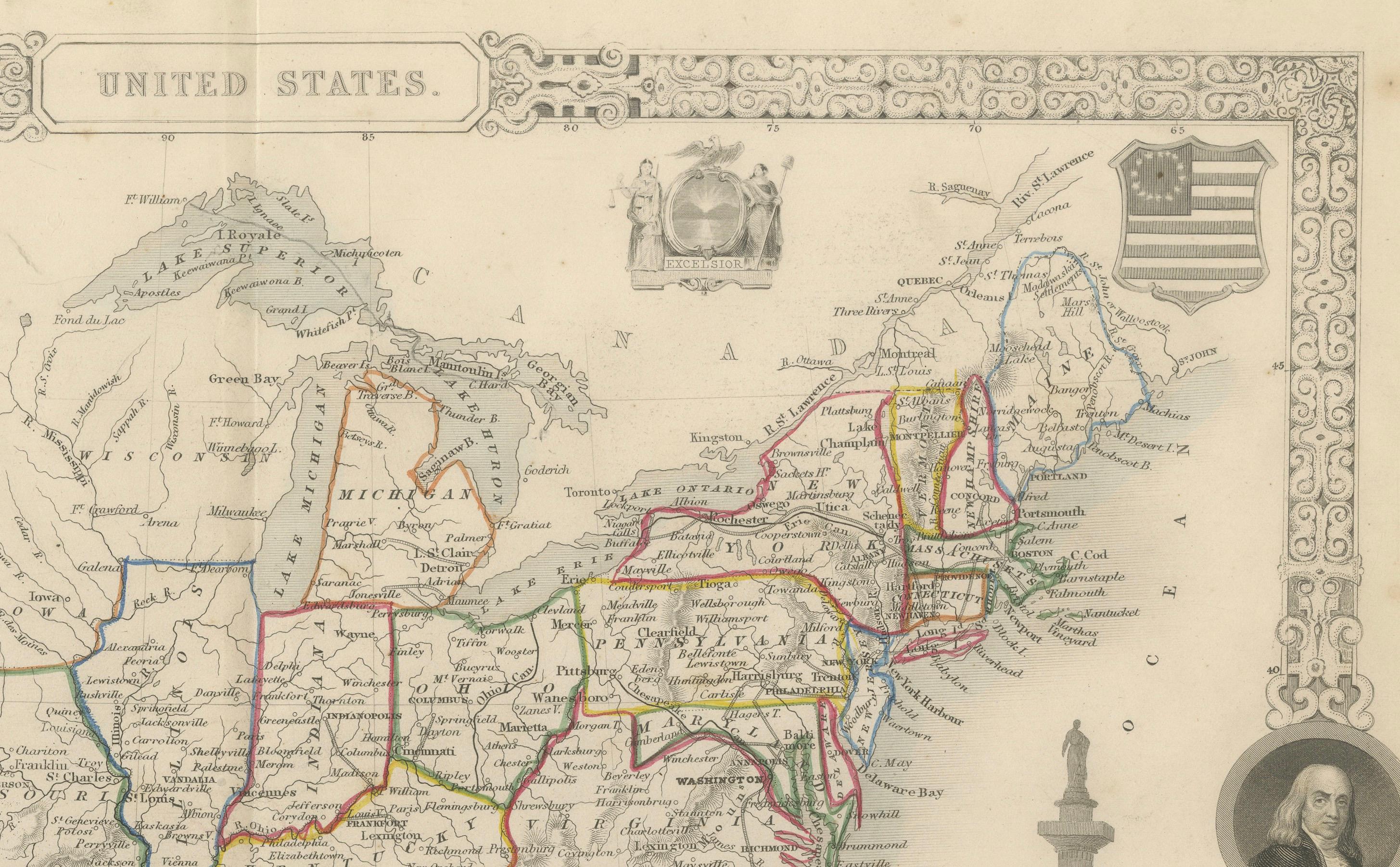 Ornate 1850s Map of the United States: Featuring Iconic Landmarks and Historical Portraits  

This decorative 19th-century map of the United States, created by J. Rapkin and published by J & F Tallis, offers a captivating blend of cartography and