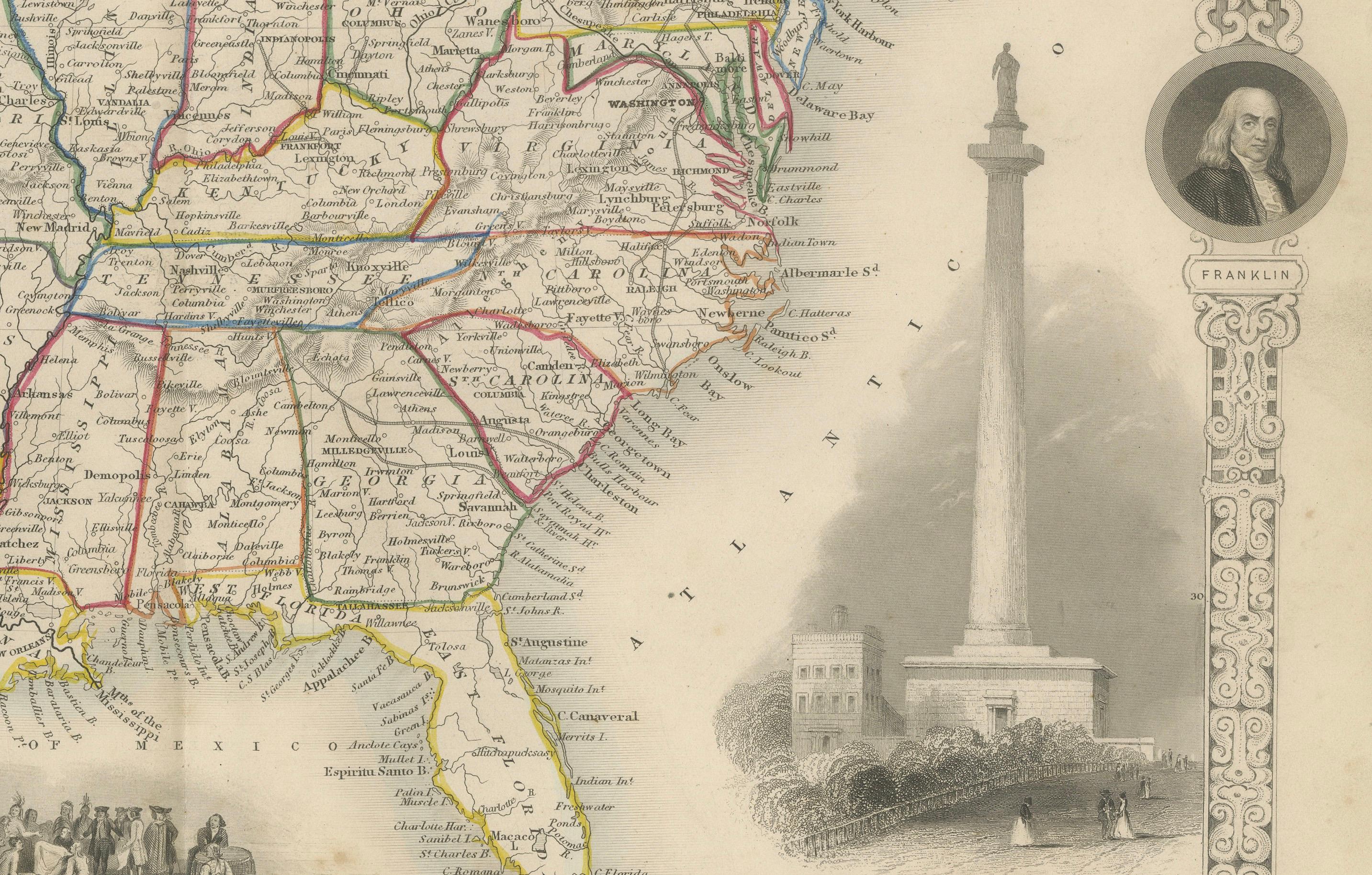 Engraved Ornate 1850s Map of the United States: Featuring Iconic Landmarks and Portrets For Sale