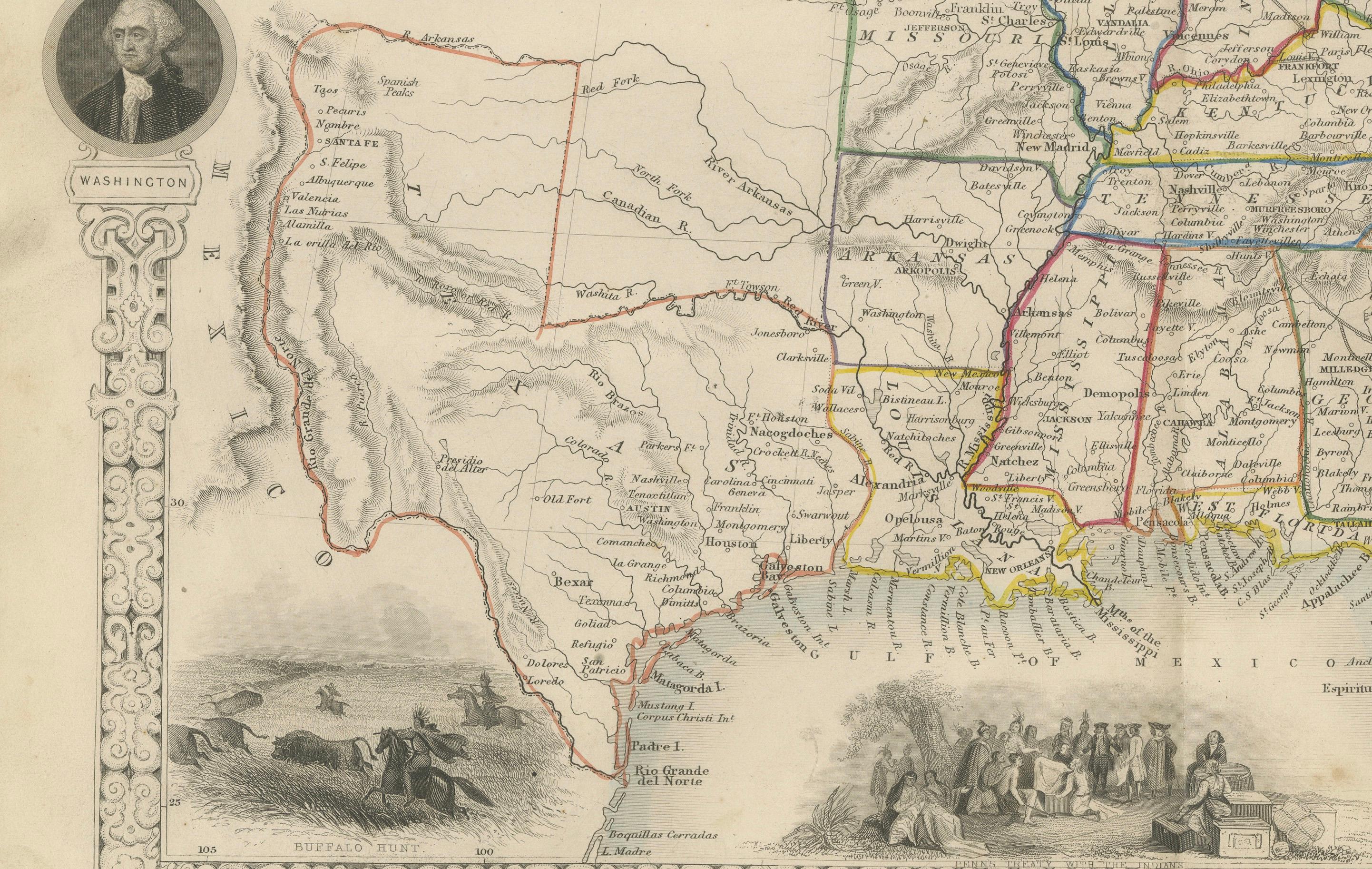 Ornate 1850s Map of the United States: Featuring Iconic Landmarks and Portrets In Good Condition For Sale In Langweer, NL
