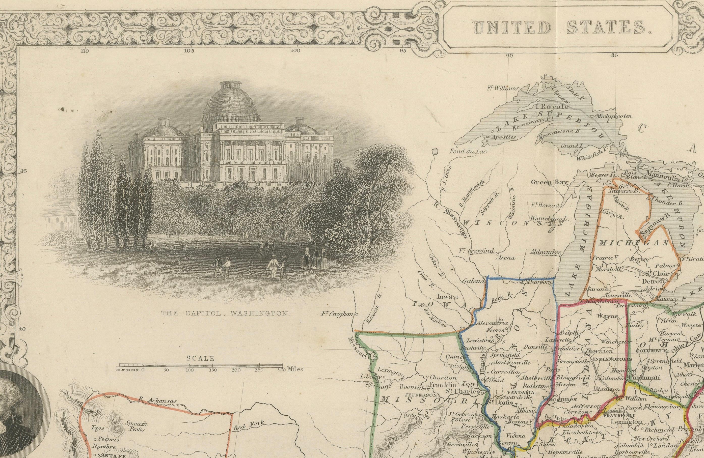 Mid-19th Century Ornate 1850s Map of the United States: Featuring Iconic Landmarks and Portrets For Sale