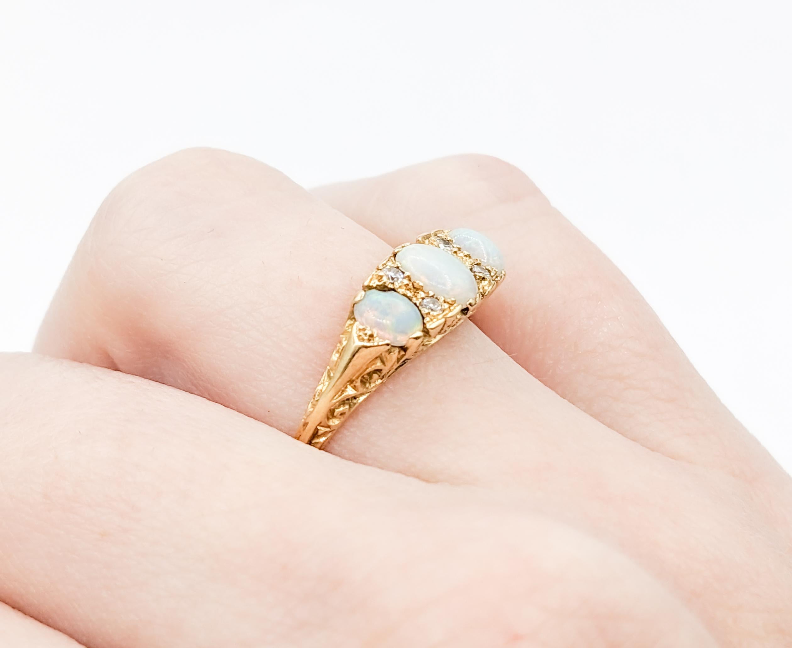 Cabochon Ornate 18k Scroll Pattern Opal & Diamond Band Ring For Sale