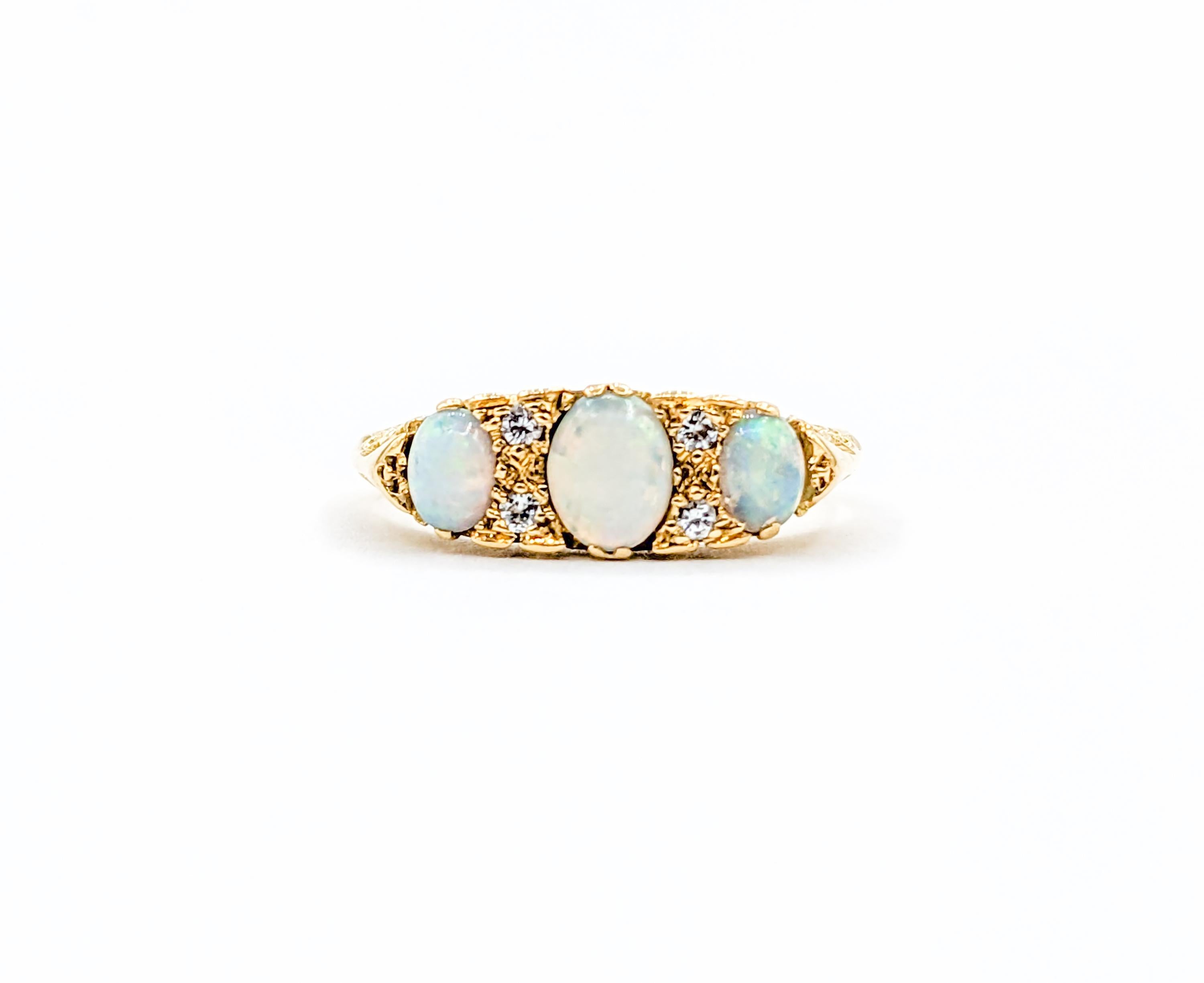 Ornate 18k Scroll Pattern Opal & Diamond Band Ring For Sale 2
