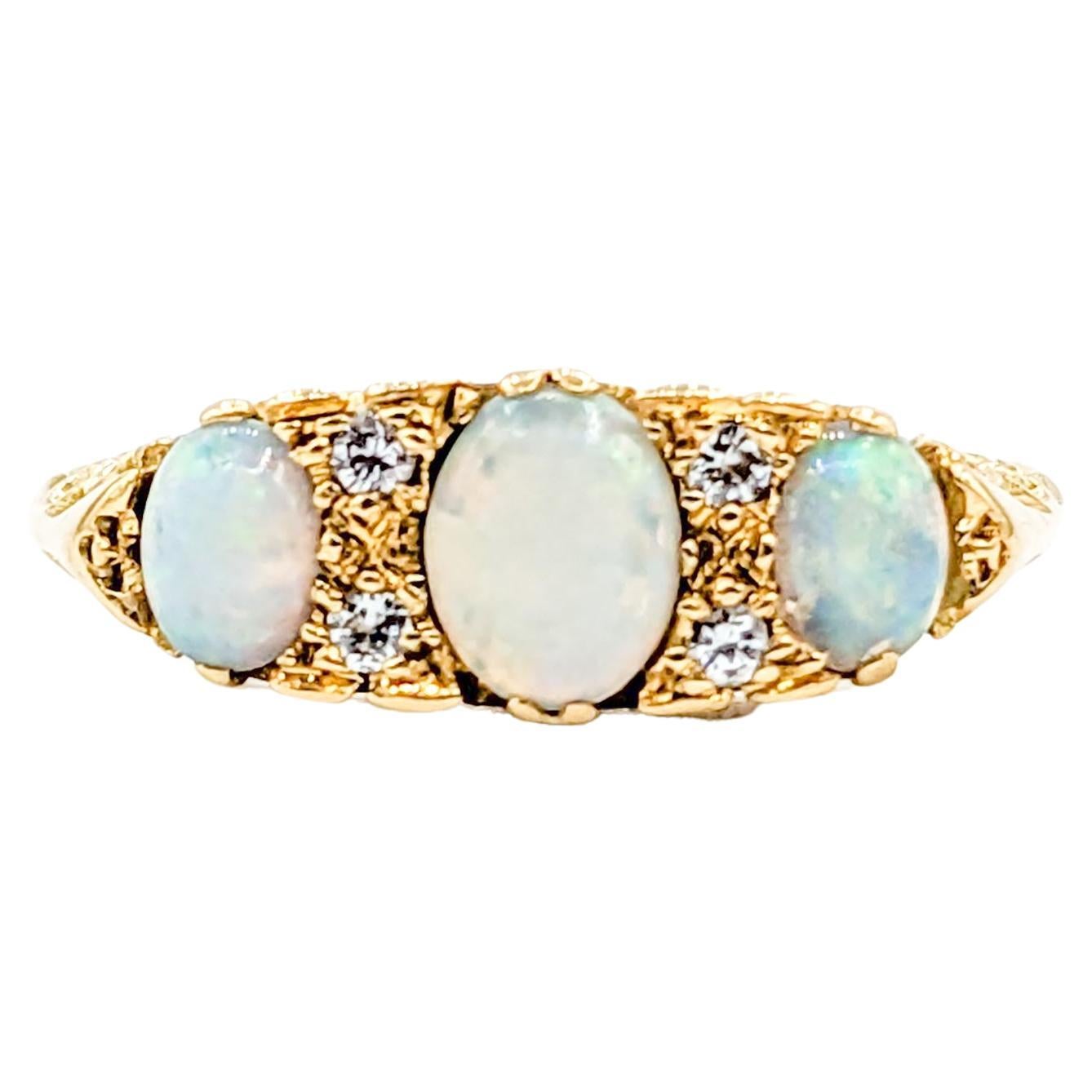 Ornate 18k Scroll Pattern Opal & Diamond Band Ring For Sale