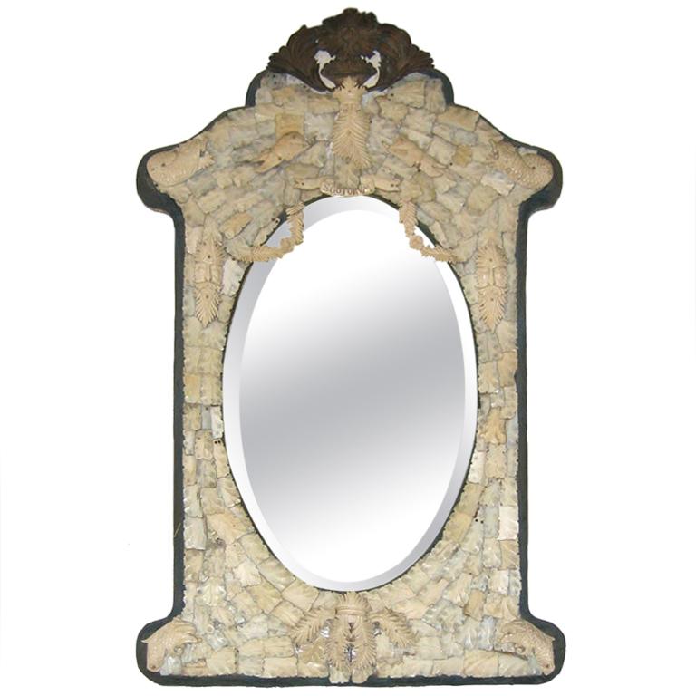 Ornate 18th Century French Beveled Mirror Carved from Whale Bone