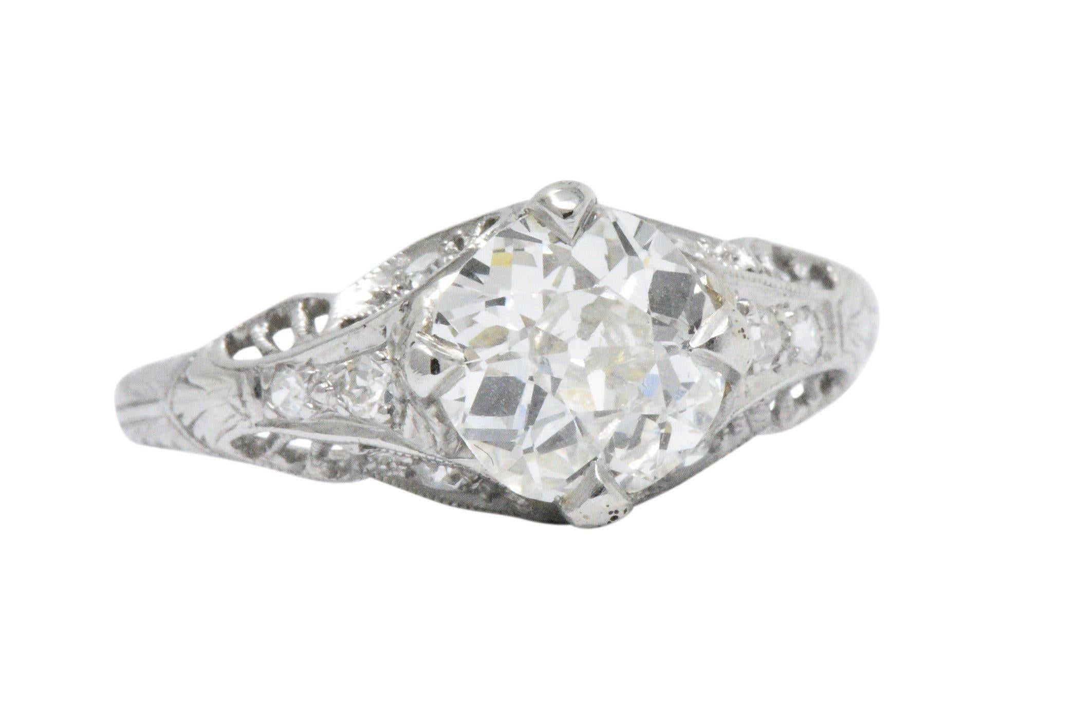 Art Deco 1.44 Carats Diamond Platinum Foliate Engagement Ring GIA In Good Condition In Philadelphia, PA