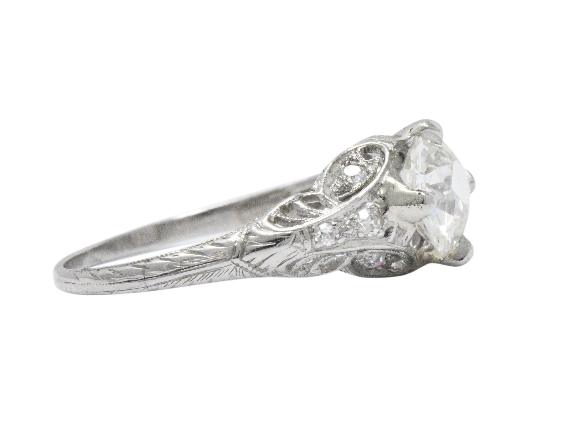 Women's or Men's Art Deco 1.44 Carats Diamond Platinum Foliate Engagement Ring GIA