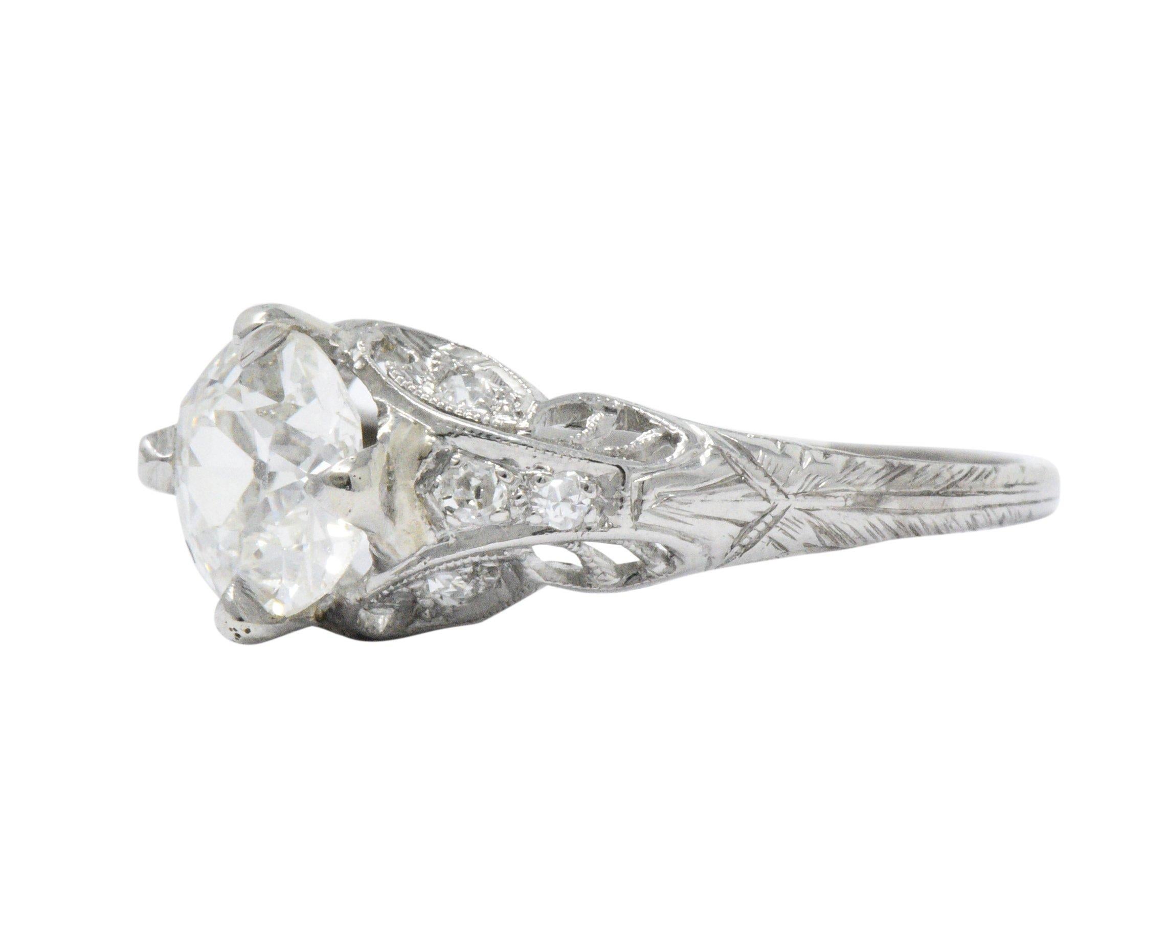 Art Deco 1.44 Carats Diamond Platinum Foliate Engagement Ring GIA 1