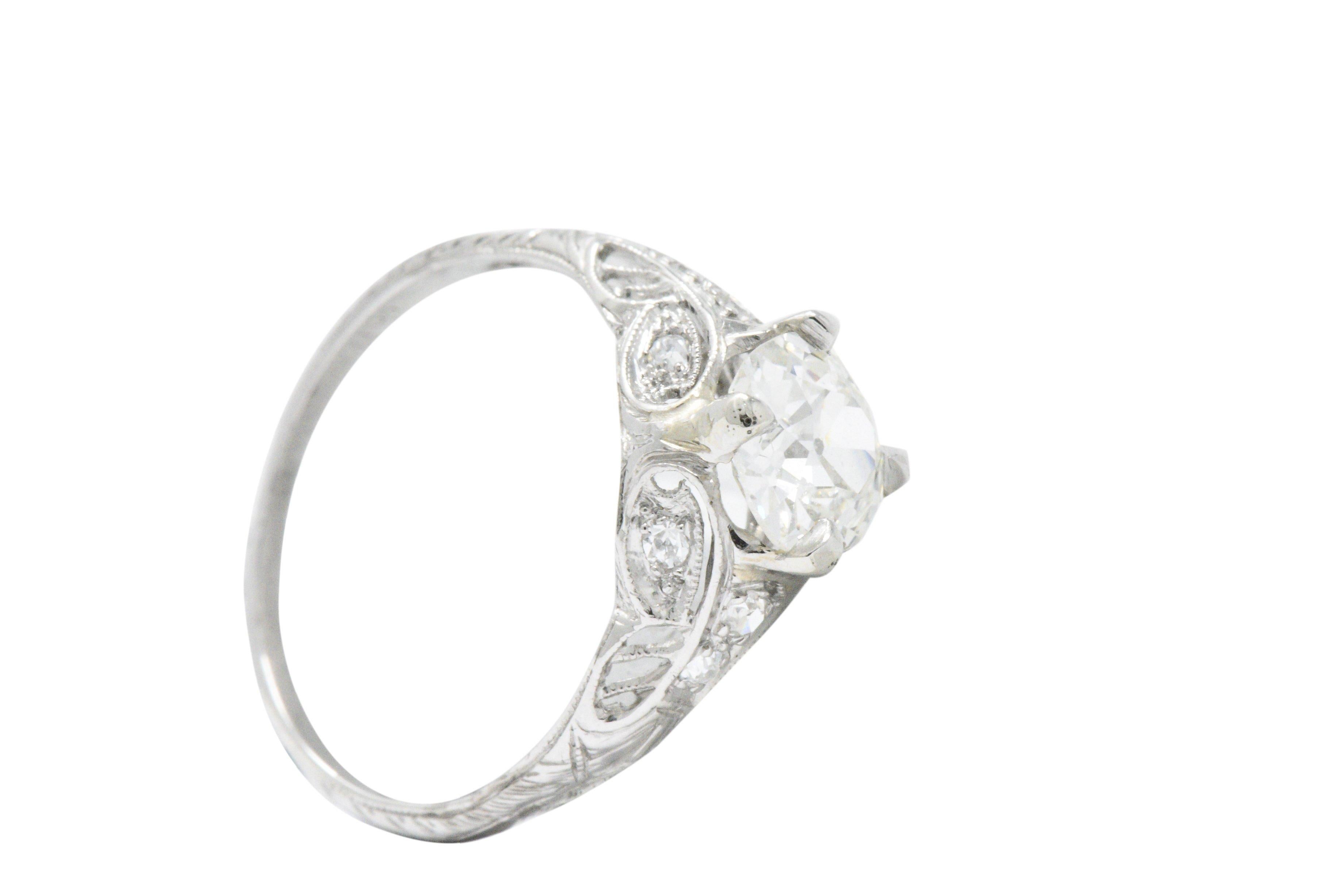 Art Deco 1.44 Carats Diamond Platinum Foliate Engagement Ring GIA 2
