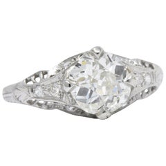 Art Deco 1.44 Carats Diamond Platinum Foliate Engagement Ring GIA