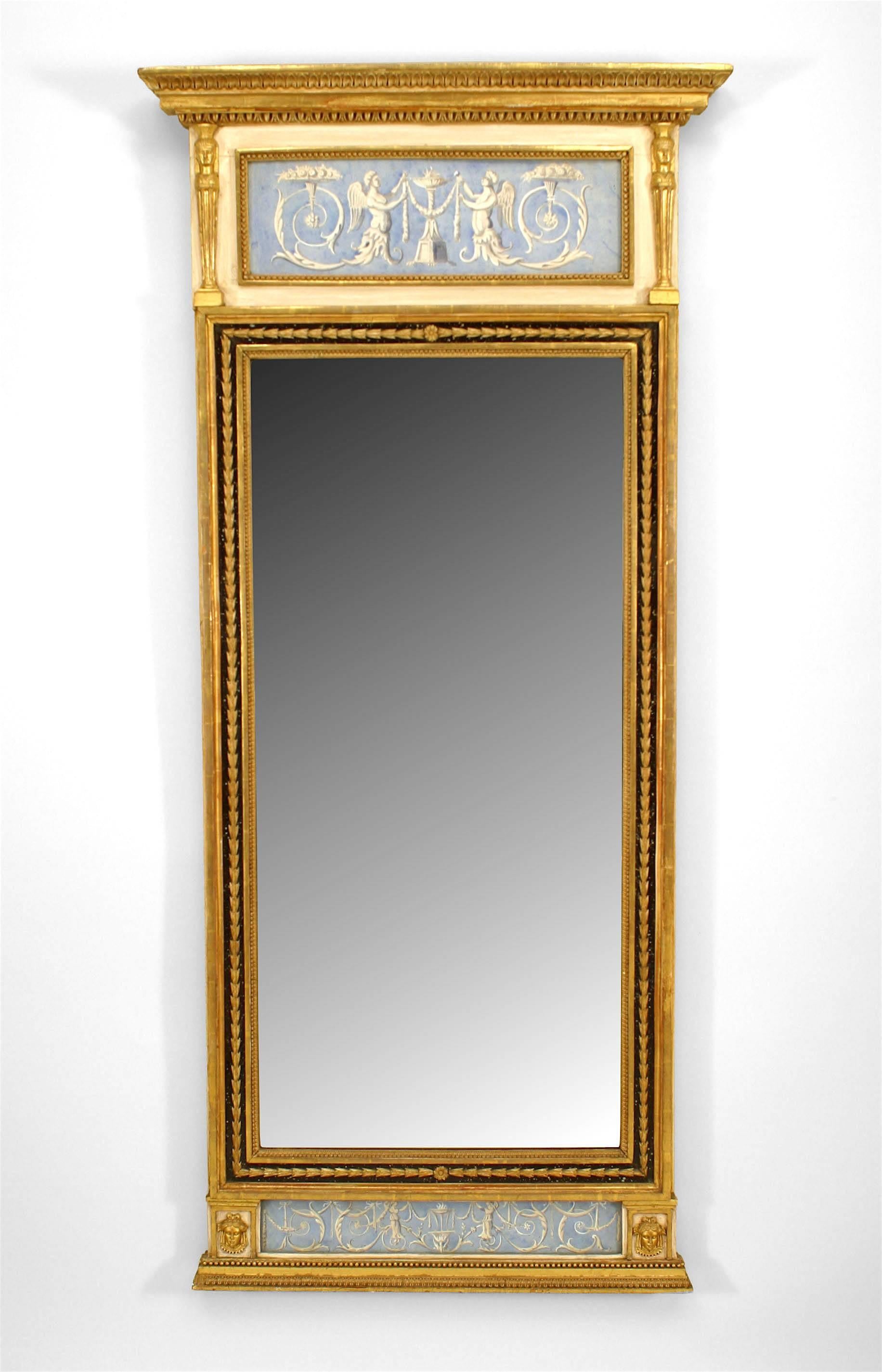 Swedish Neoclassic (early 19th Century).parcel gilt and white painted pier mirror with blue and white watercolor paneled frieze and reverse painted marbleized glass.
