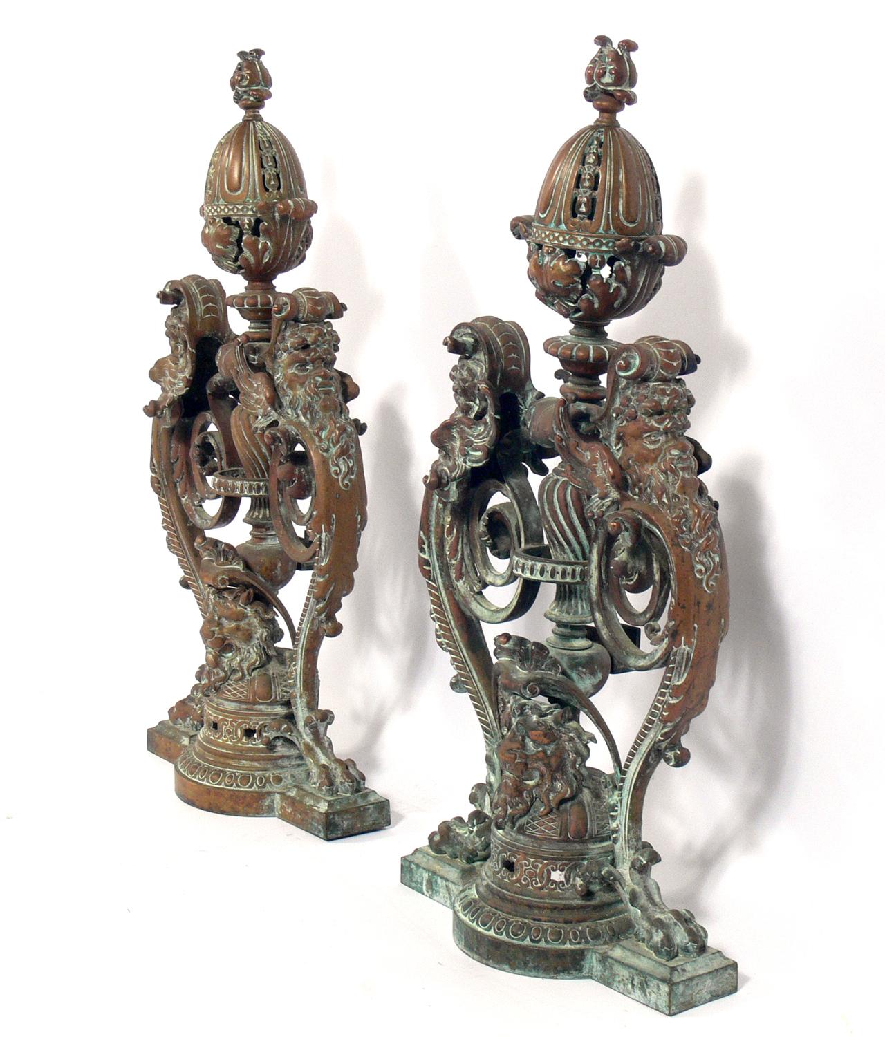 Italian Ornate 19th Century Bronze Andirons For Sale