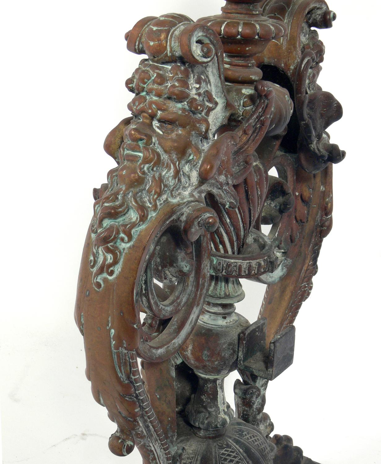 Ornate 19th Century Bronze Andirons In Distressed Condition For Sale In Atlanta, GA