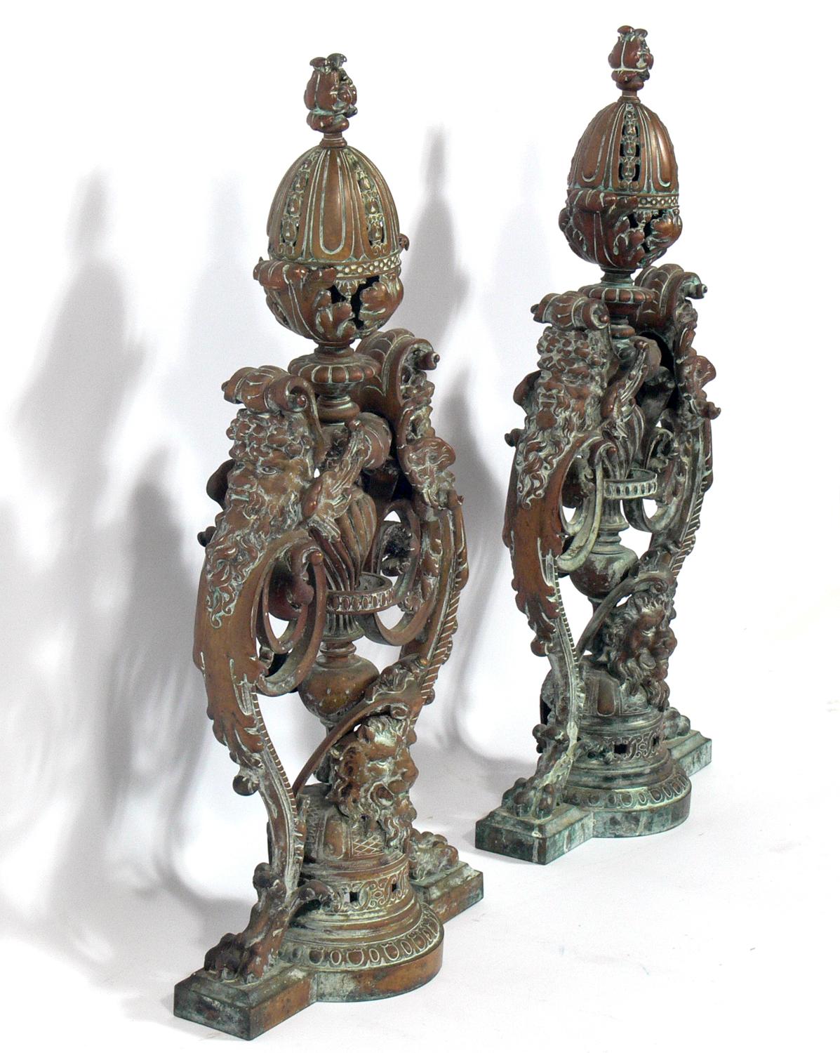 Iron Ornate 19th Century Bronze Andirons For Sale