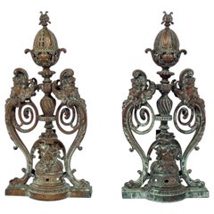 Antique Ornate 19th Century Bronze Andirons