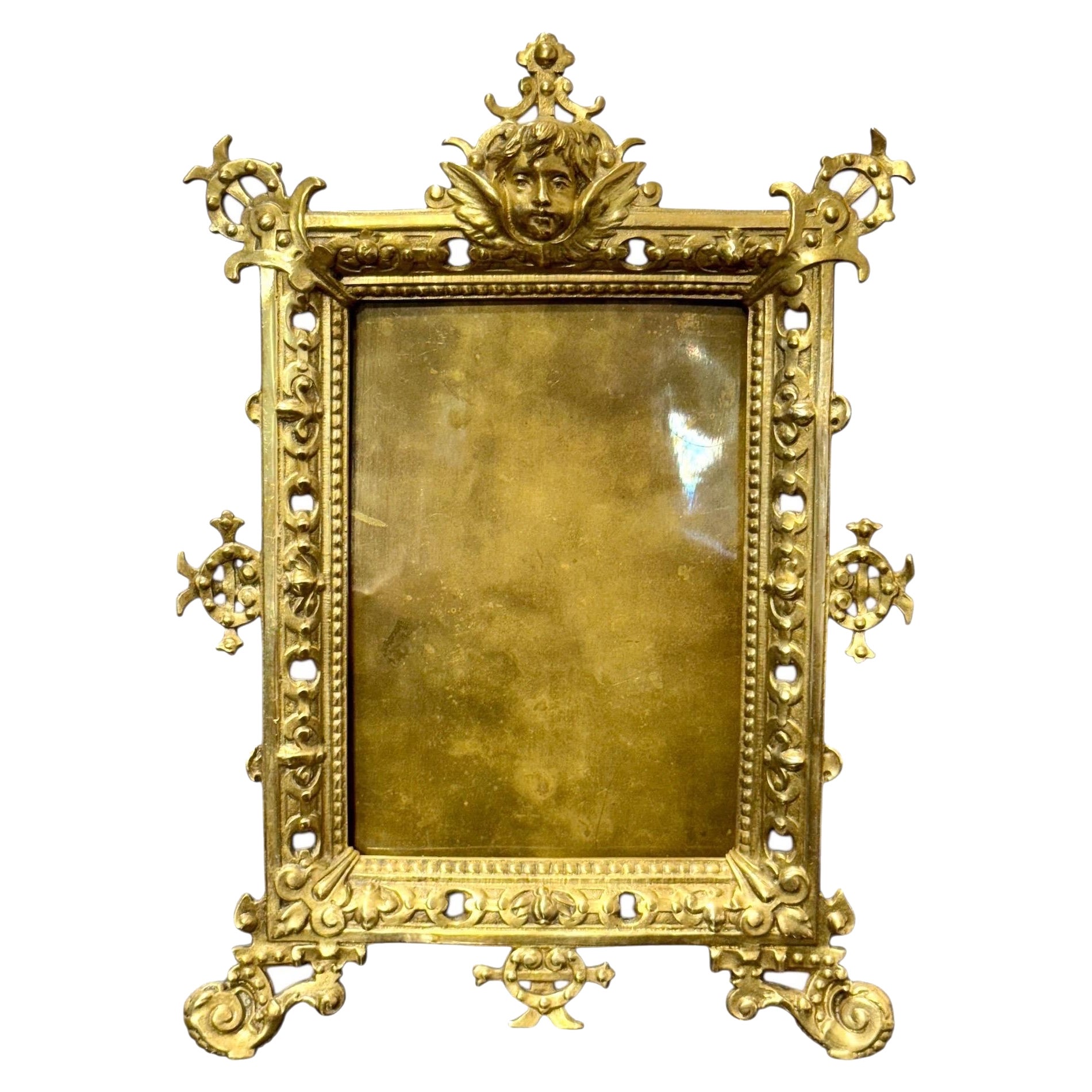 Ornate 19th-Century Gilt Bronze Tabletop Frame with Cherub Motif For Sale