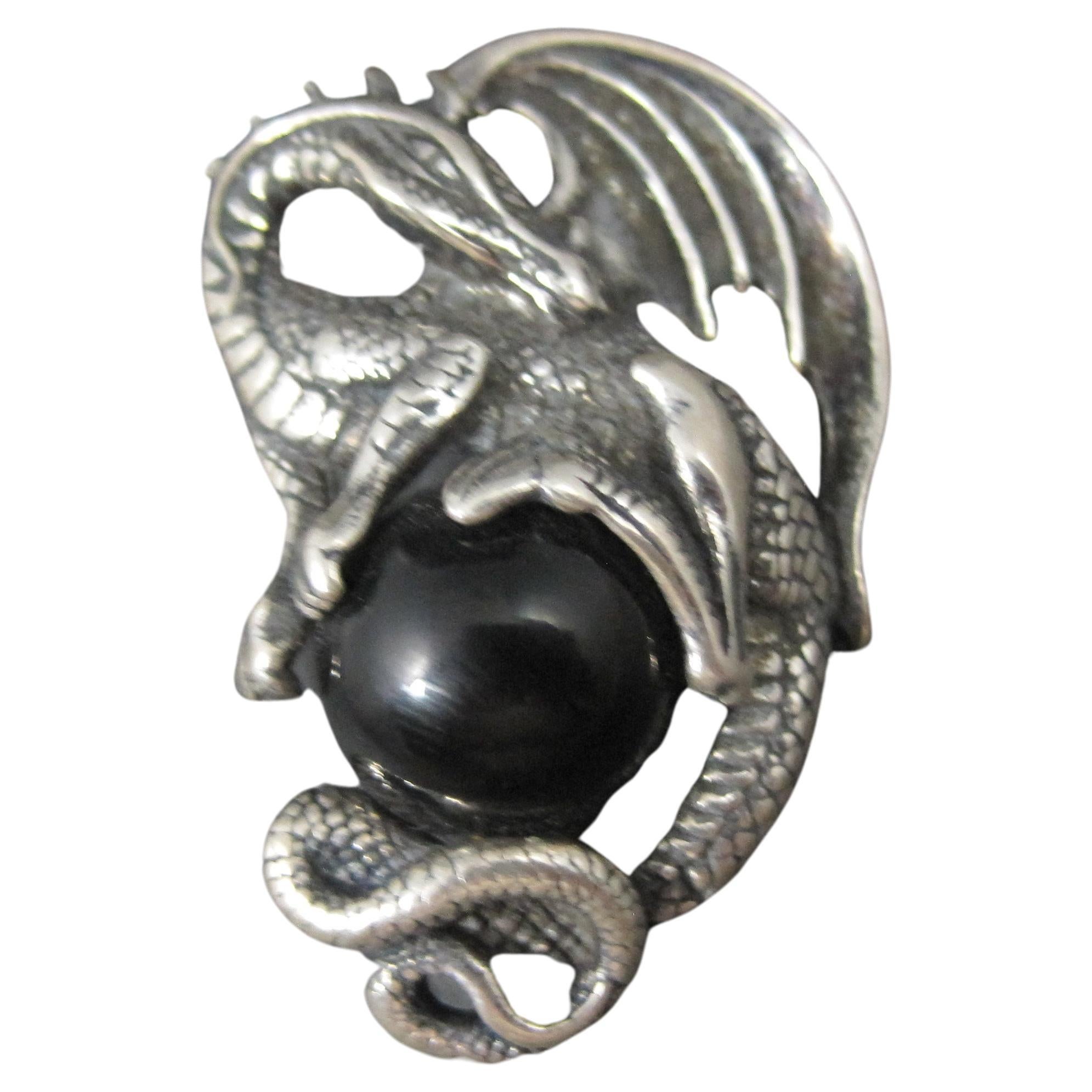 Ornate 3D Vintage Sterling Silver Dragon Pendant Black Onyx Sphere