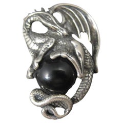 Ornate 3D Vintage Sterling Silver Dragon Pendant Black Onyx Sphere