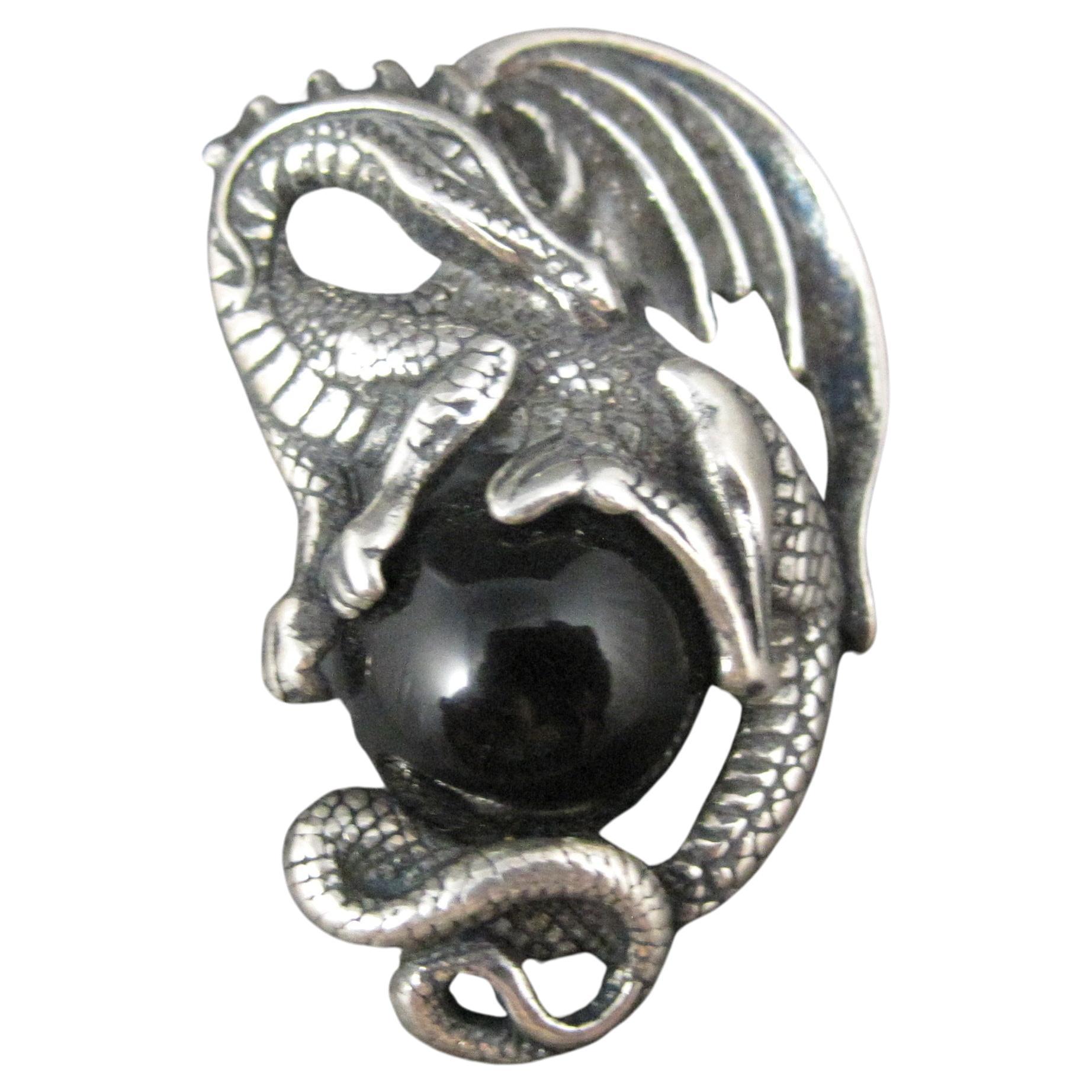 Ornement 3D Vintage Sterling Silver Pendentif Dragon Sphère Onyx Noir