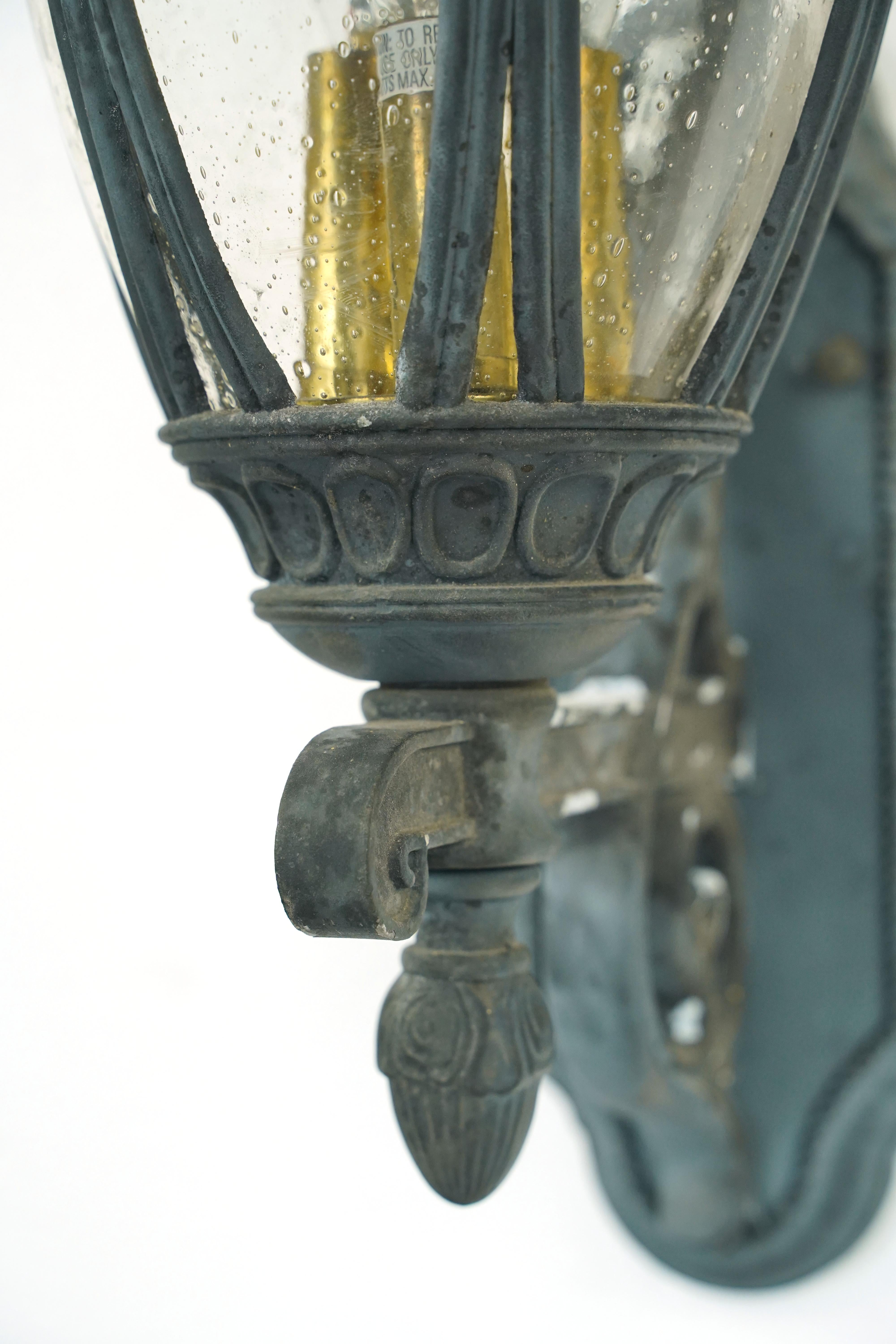 20th Century Ornate Aluminum & Seeded Glass Outdoor Wall Sconce For Sale