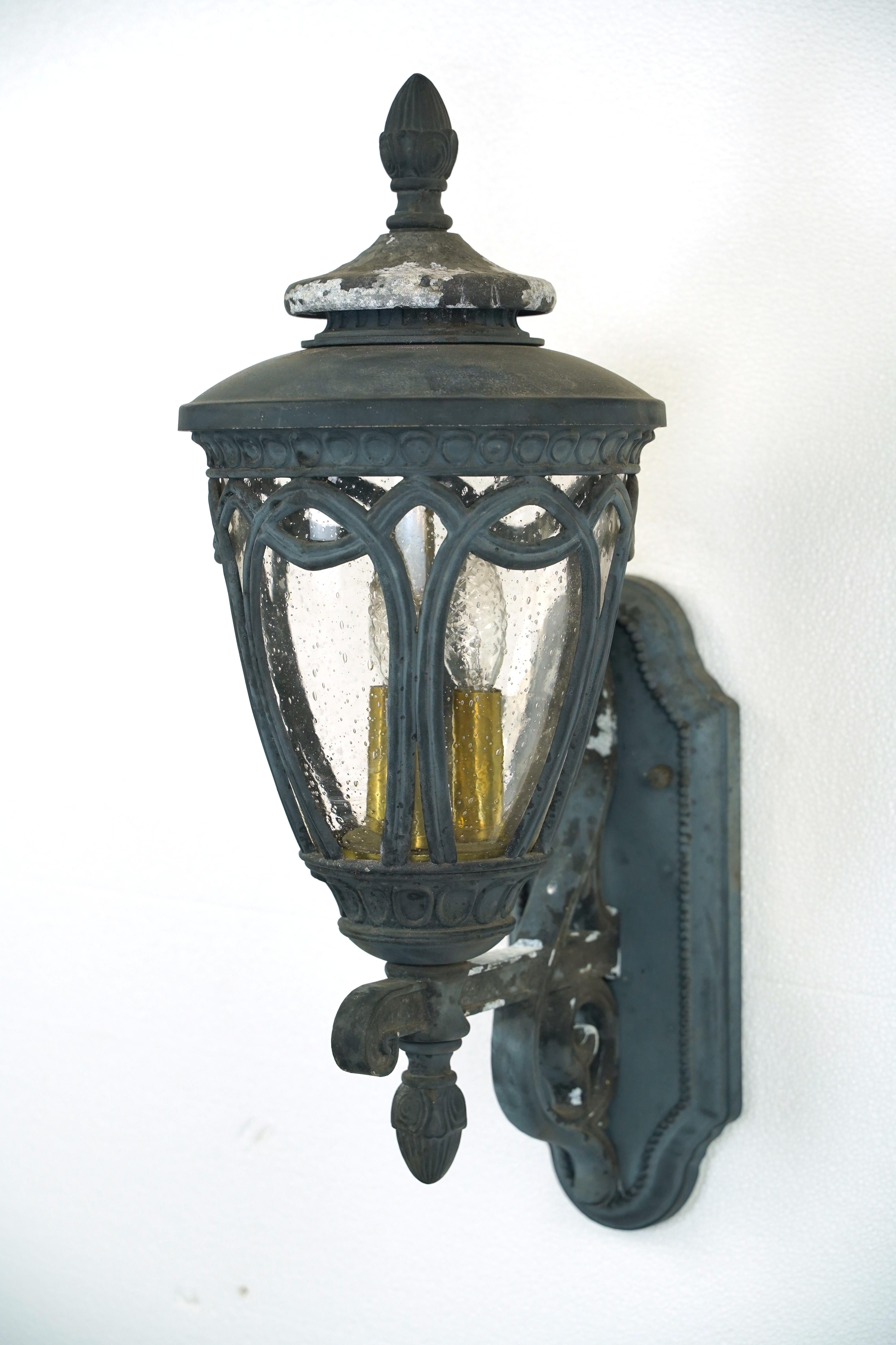 Ornate Aluminum & Seeded Glass Outdoor Wall Sconce For Sale 2