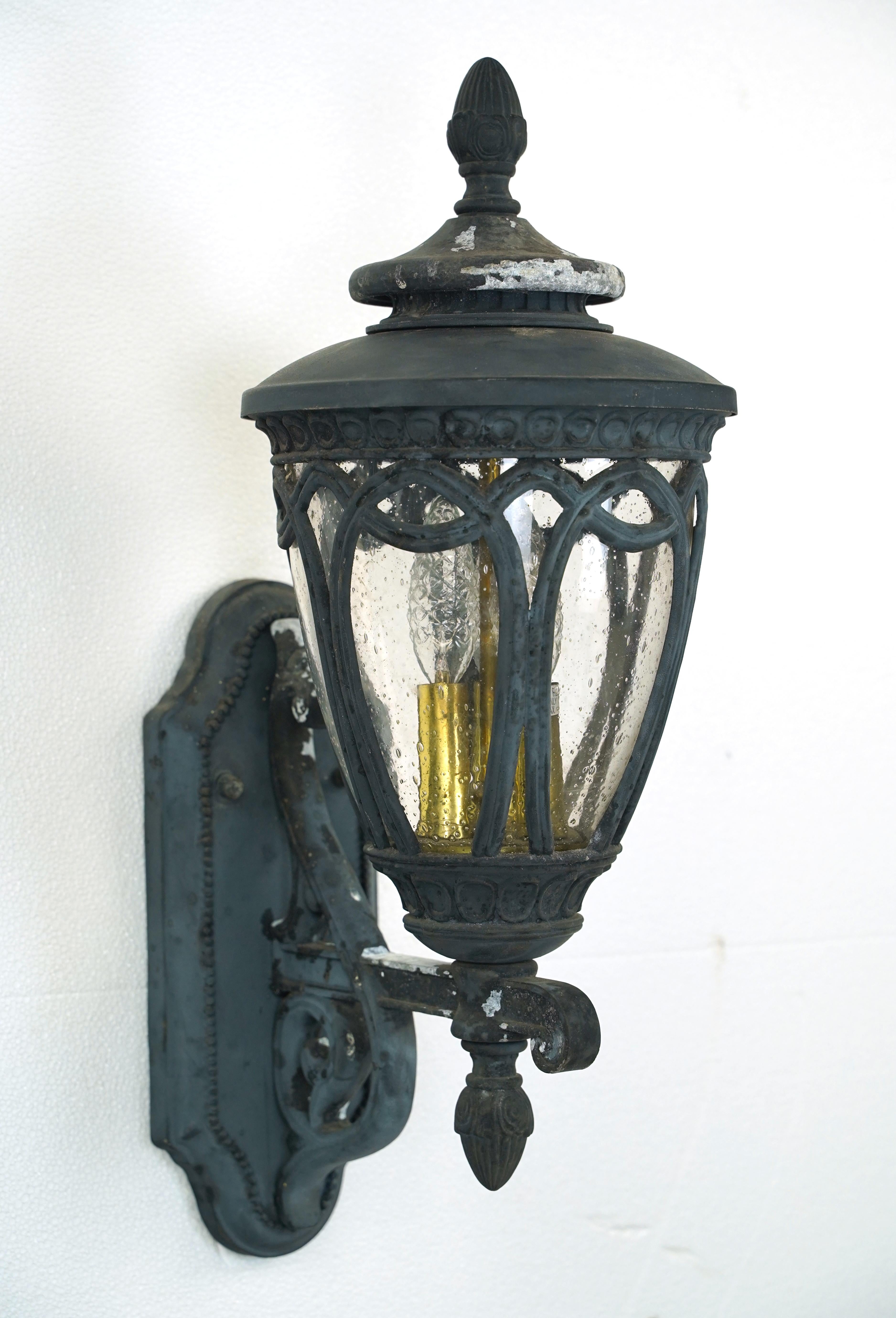 Ornate Aluminum & Seeded Glass Outdoor Wall Sconce For Sale 3