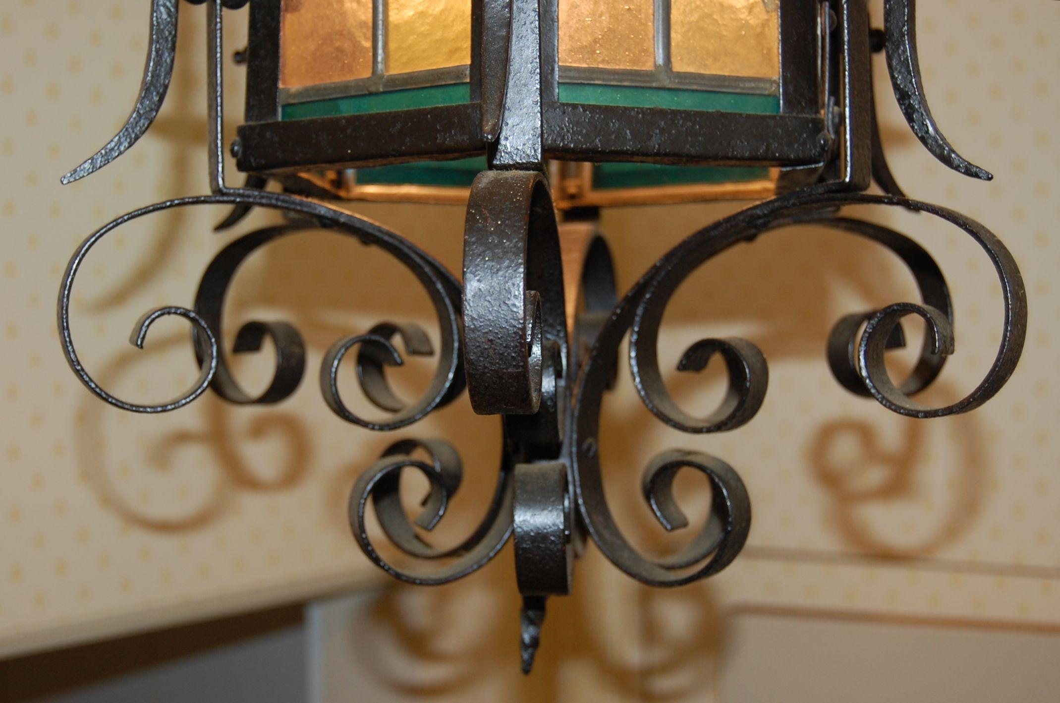 Ornate American 19th Century Iron & Tole Hanging Lantern, Colored Glass Panels 4