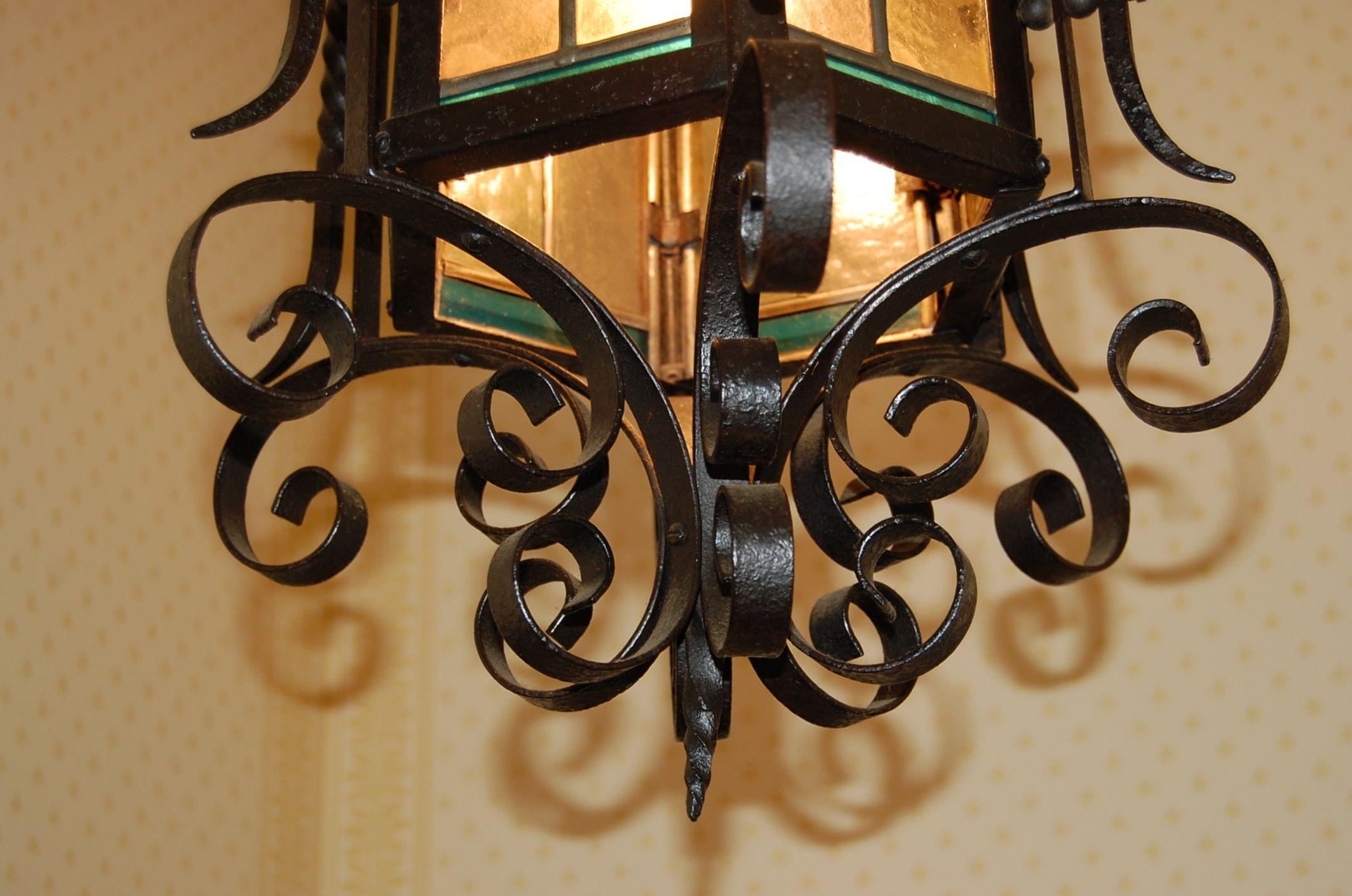 Ornate American 19th Century Iron & Tole Hanging Lantern, Colored Glass Panels 5