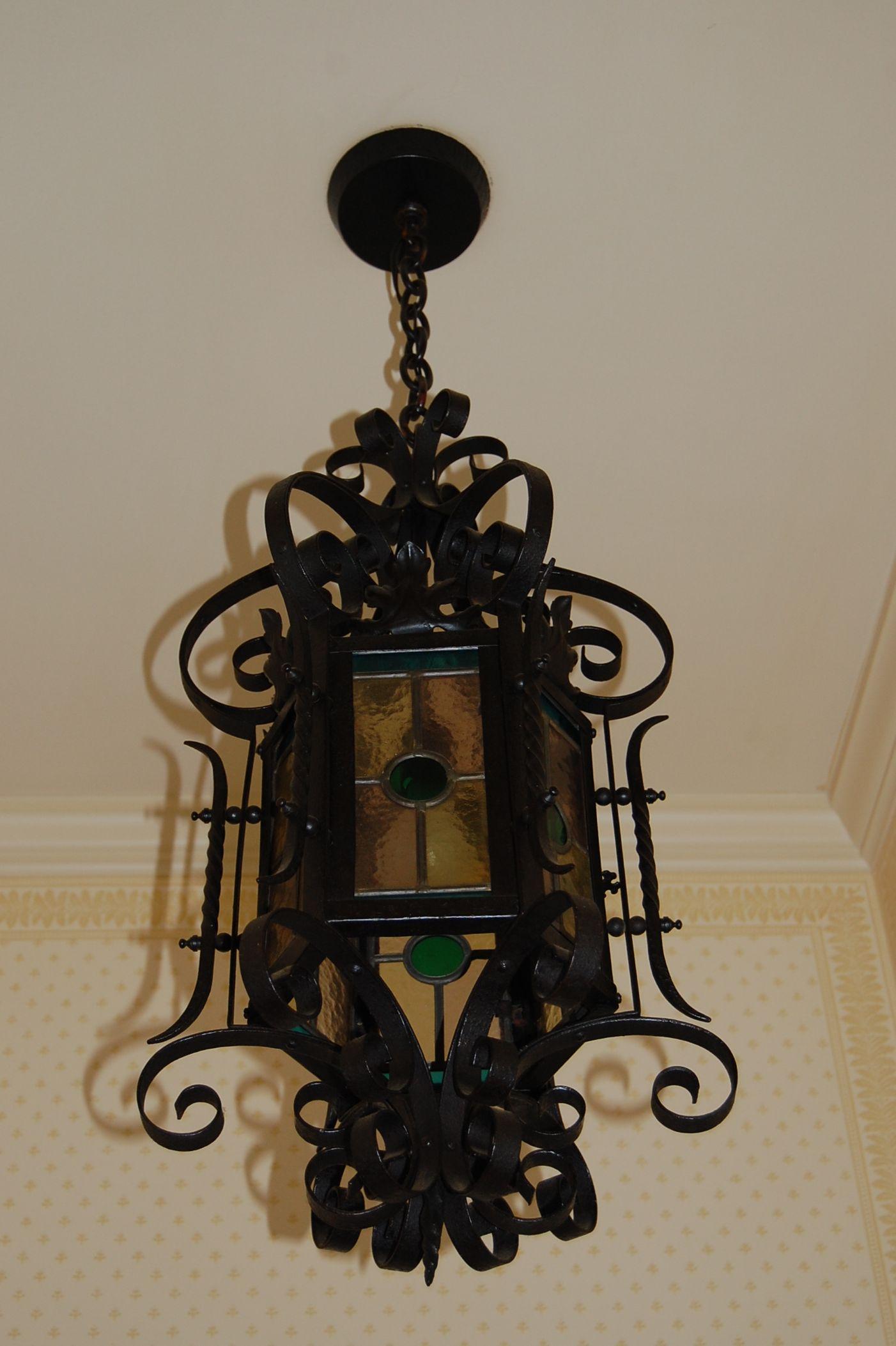 Ornate American 19th Century Iron & Tole Hanging Lantern, Colored Glass Panels 6