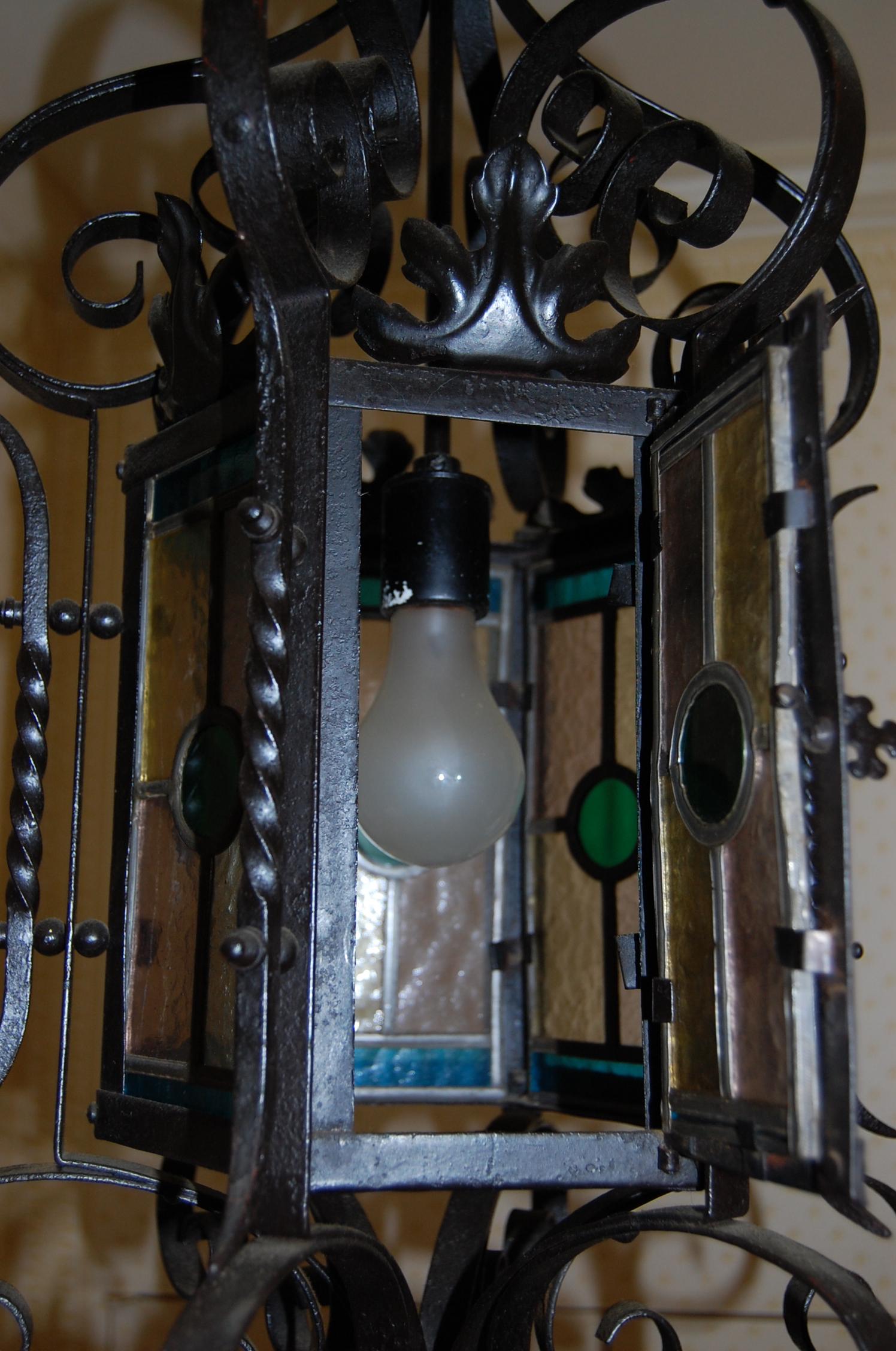 Ornate American 19th Century Iron & Tole Hanging Lantern, Colored Glass Panels 7