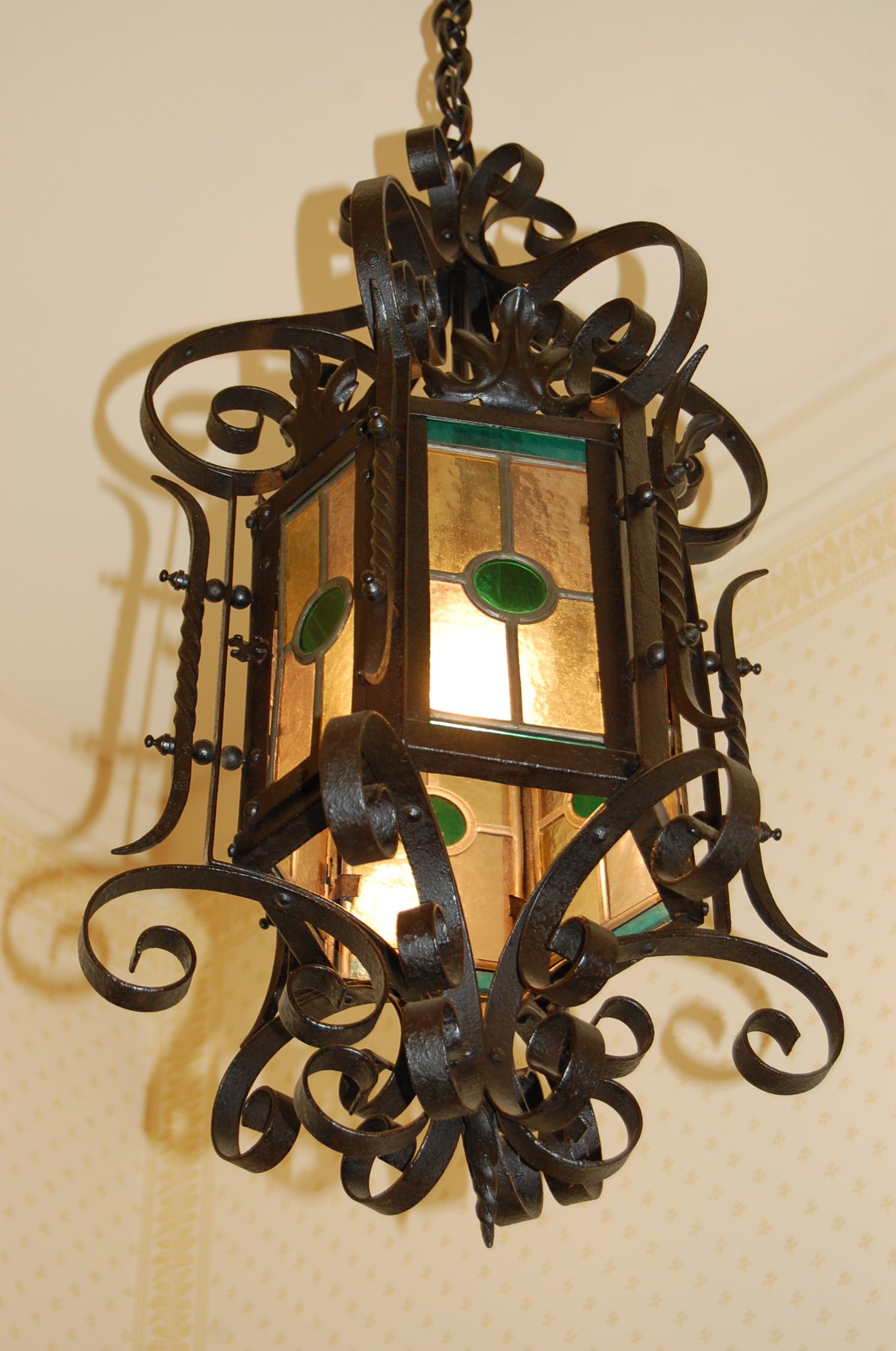 Ornate American 19th Century Iron & Tole Hanging Lantern, Colored Glass Panels 8