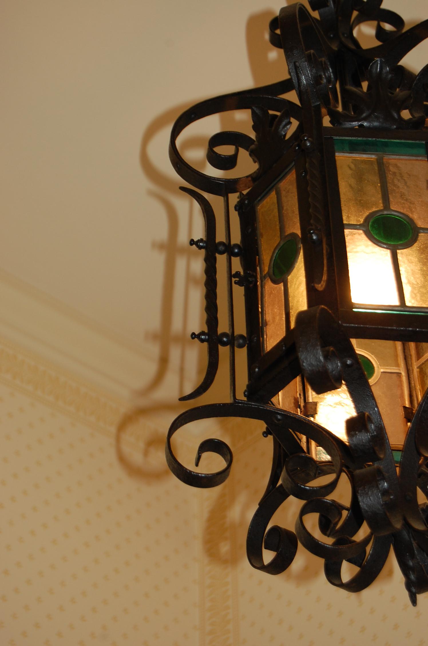 Ornate American 19th Century Iron & Tole Hanging Lantern, Colored Glass Panels 9