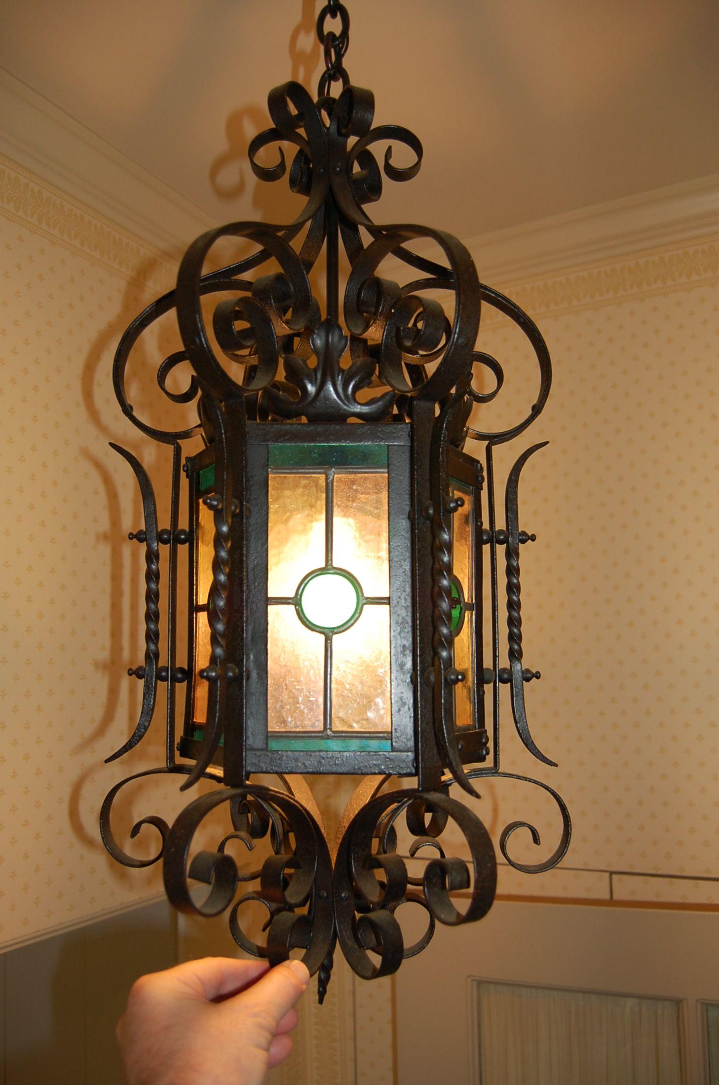 Victorian Ornate American 19th Century Iron & Tole Hanging Lantern, Colored Glass Panels