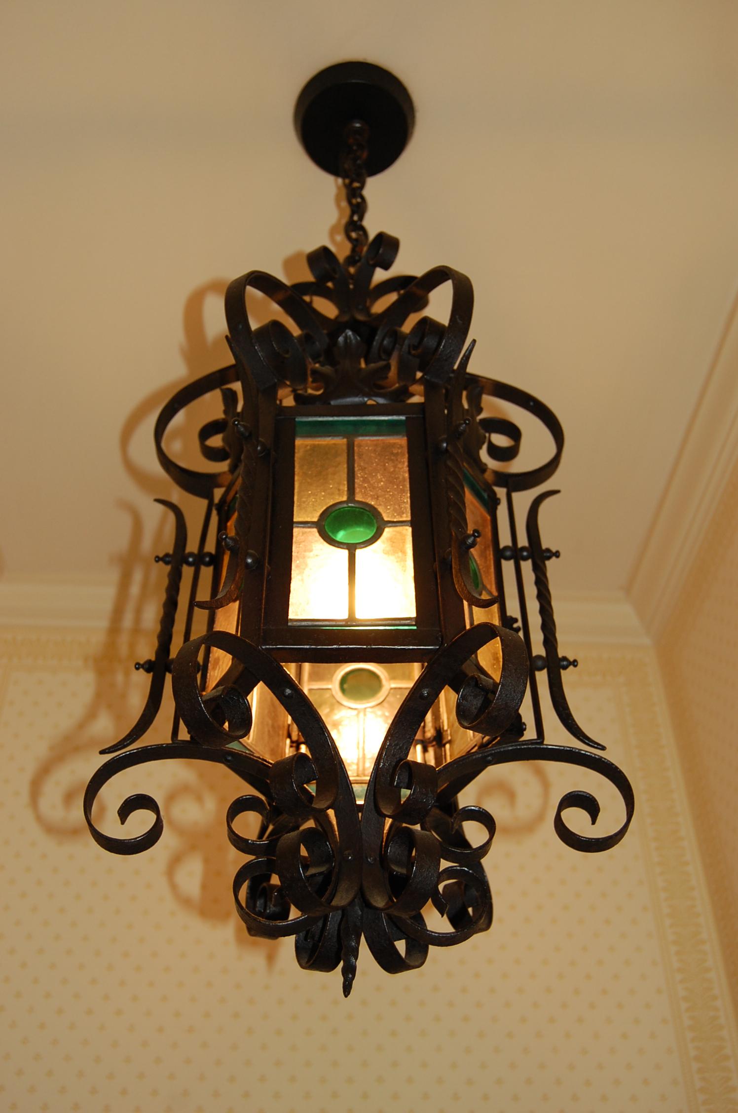 Hand-Crafted Ornate American 19th Century Iron & Tole Hanging Lantern, Colored Glass Panels