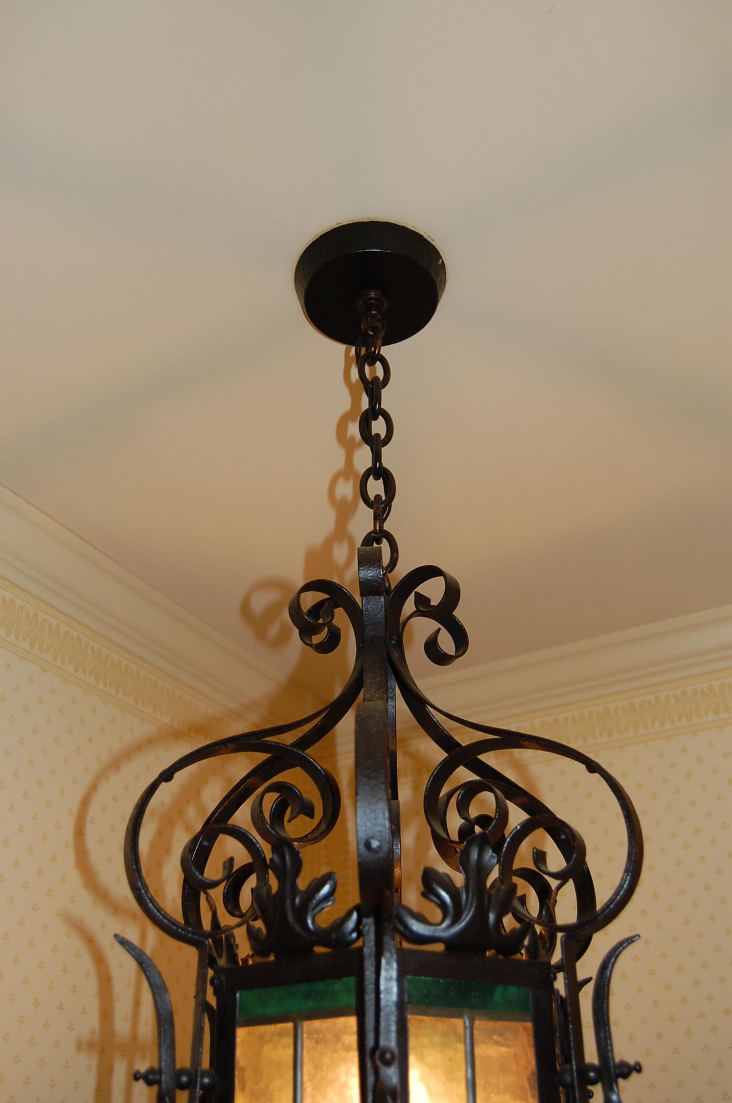 Ornate American 19th Century Iron & Tole Hanging Lantern, Colored Glass Panels In Good Condition In Pittsburgh, PA