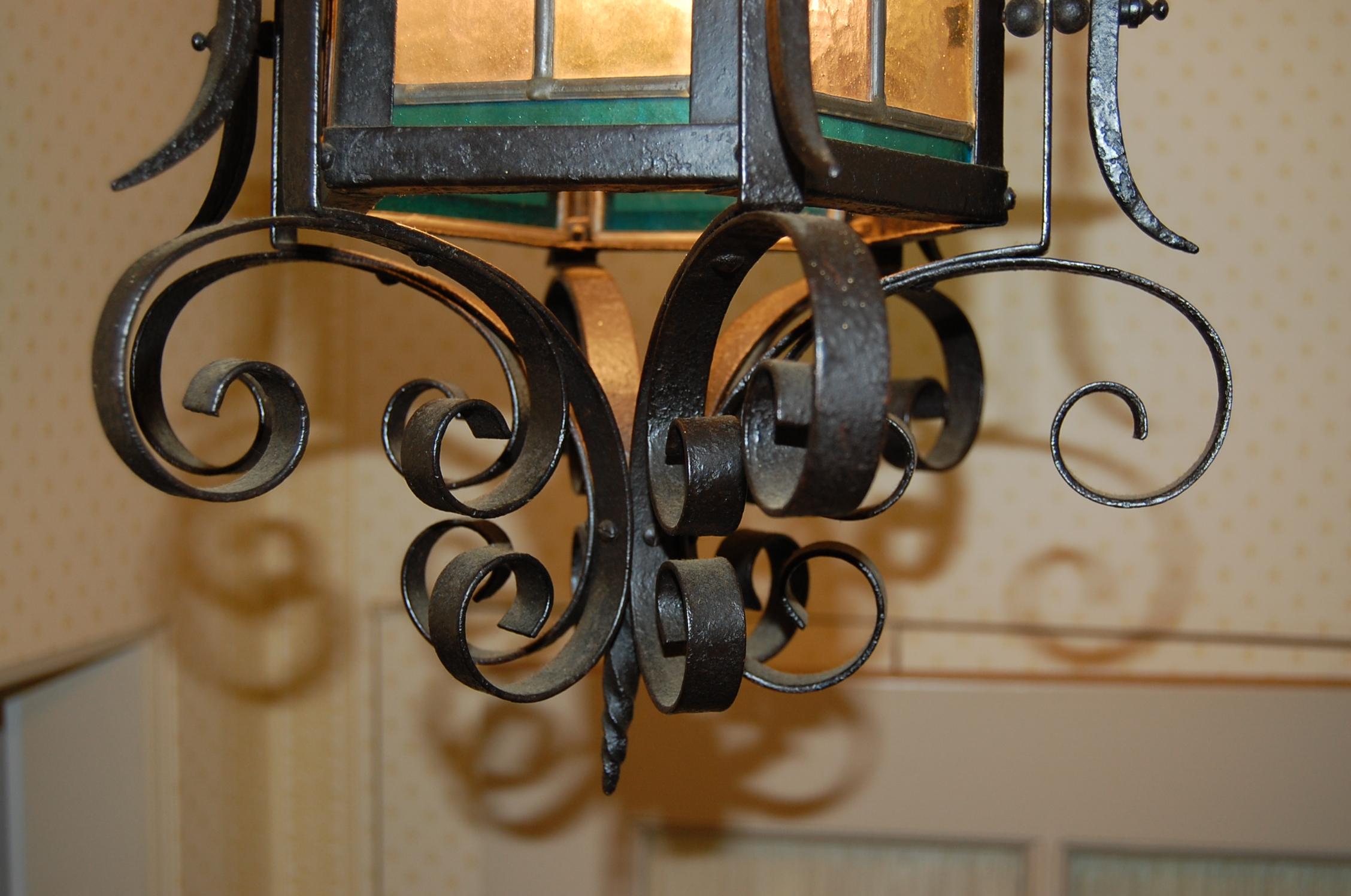 Wrought Iron Ornate American 19th Century Iron & Tole Hanging Lantern, Colored Glass Panels