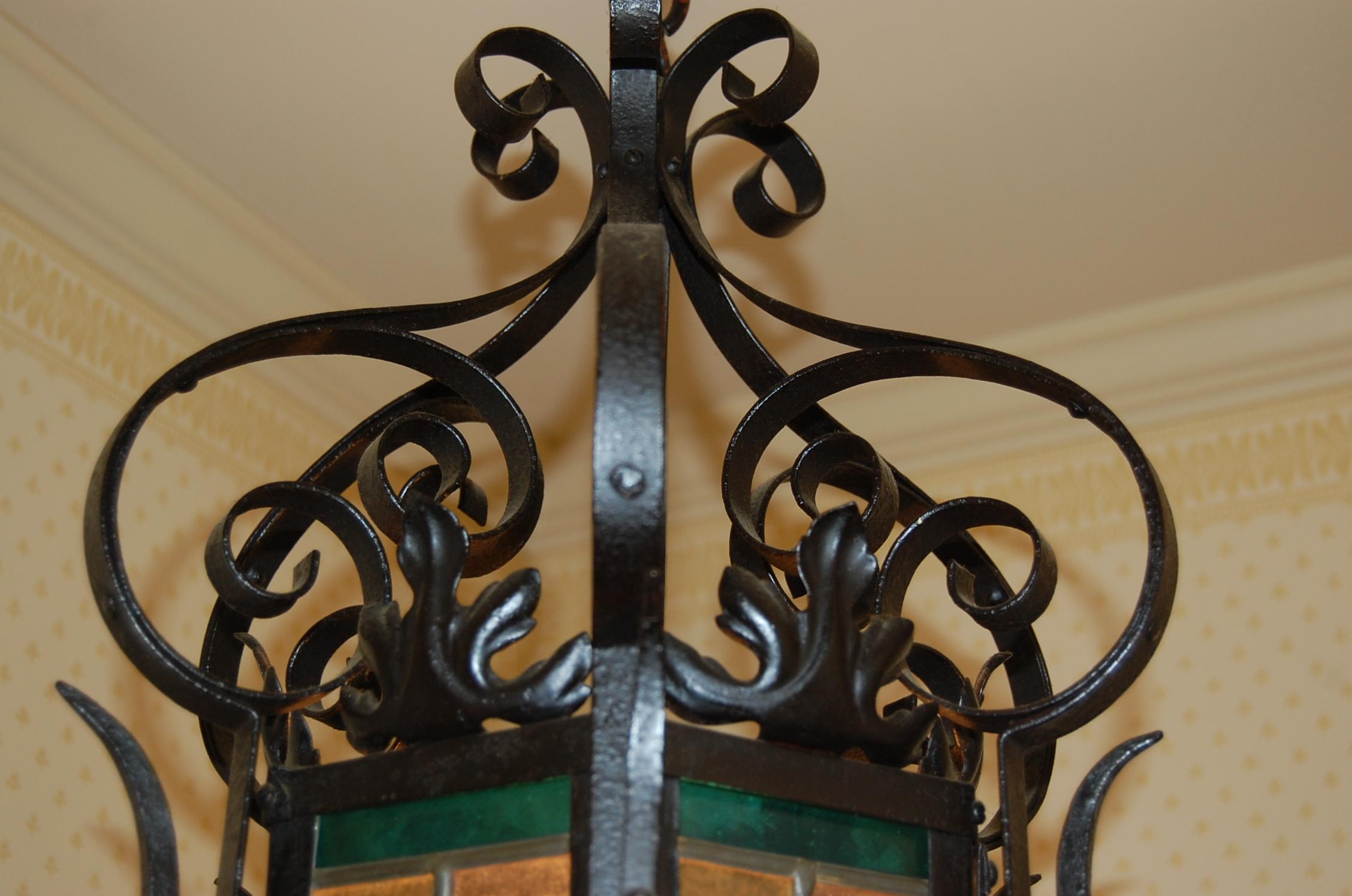 Ornate American 19th Century Iron & Tole Hanging Lantern, Colored Glass Panels 1