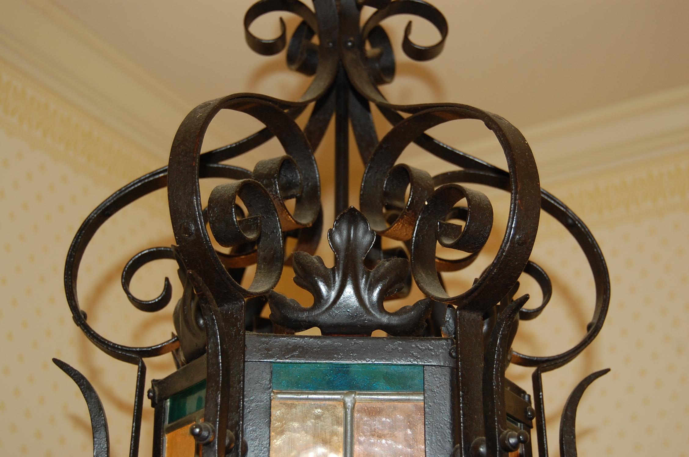 Ornate American 19th Century Iron & Tole Hanging Lantern, Colored Glass Panels 2