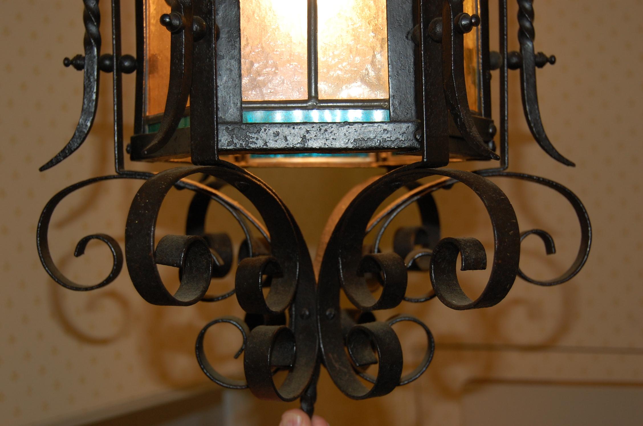 Ornate American 19th Century Iron & Tole Hanging Lantern, Colored Glass Panels 3