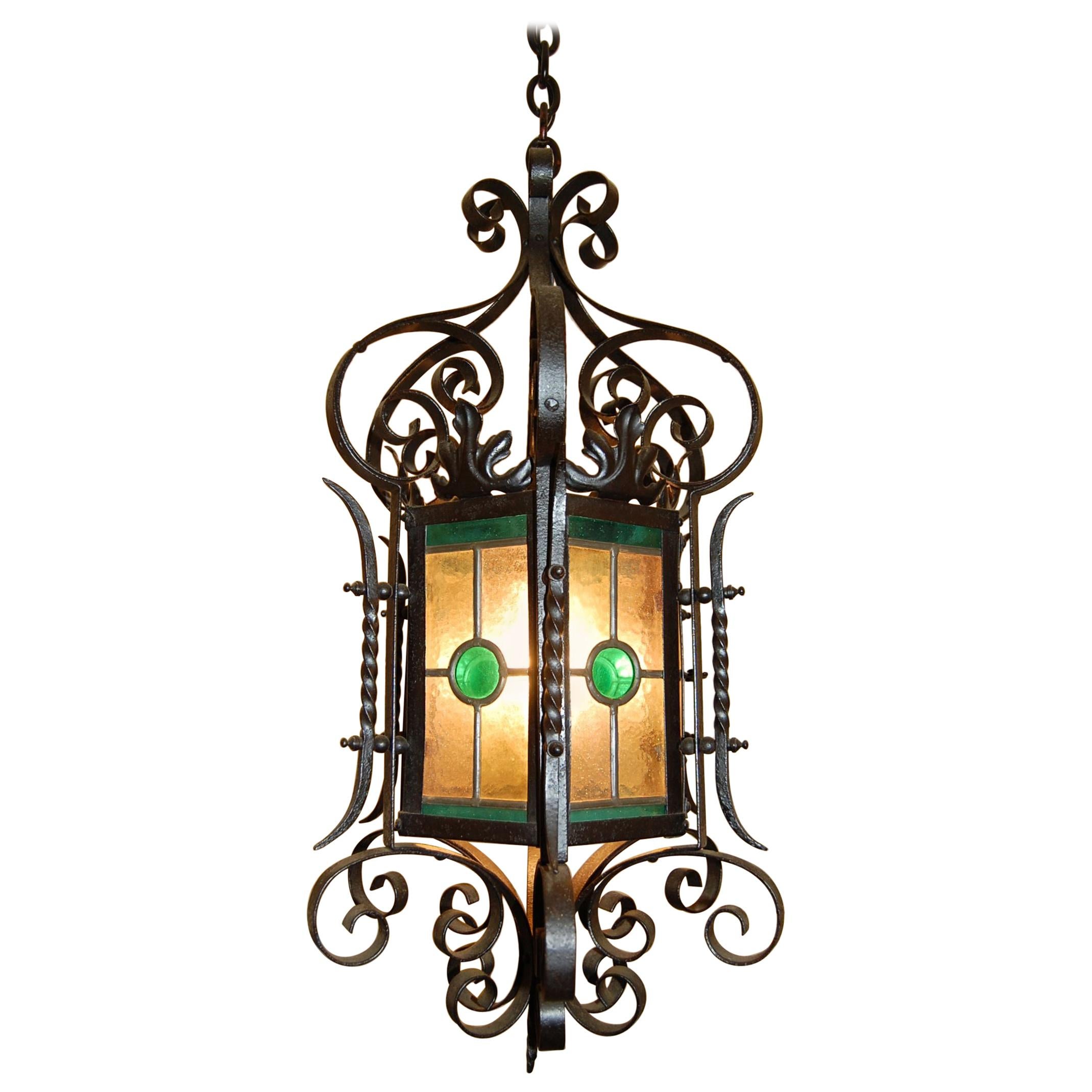 Ornate American 19th Century Iron & Tole Hanging Lantern, Colored Glass Panels